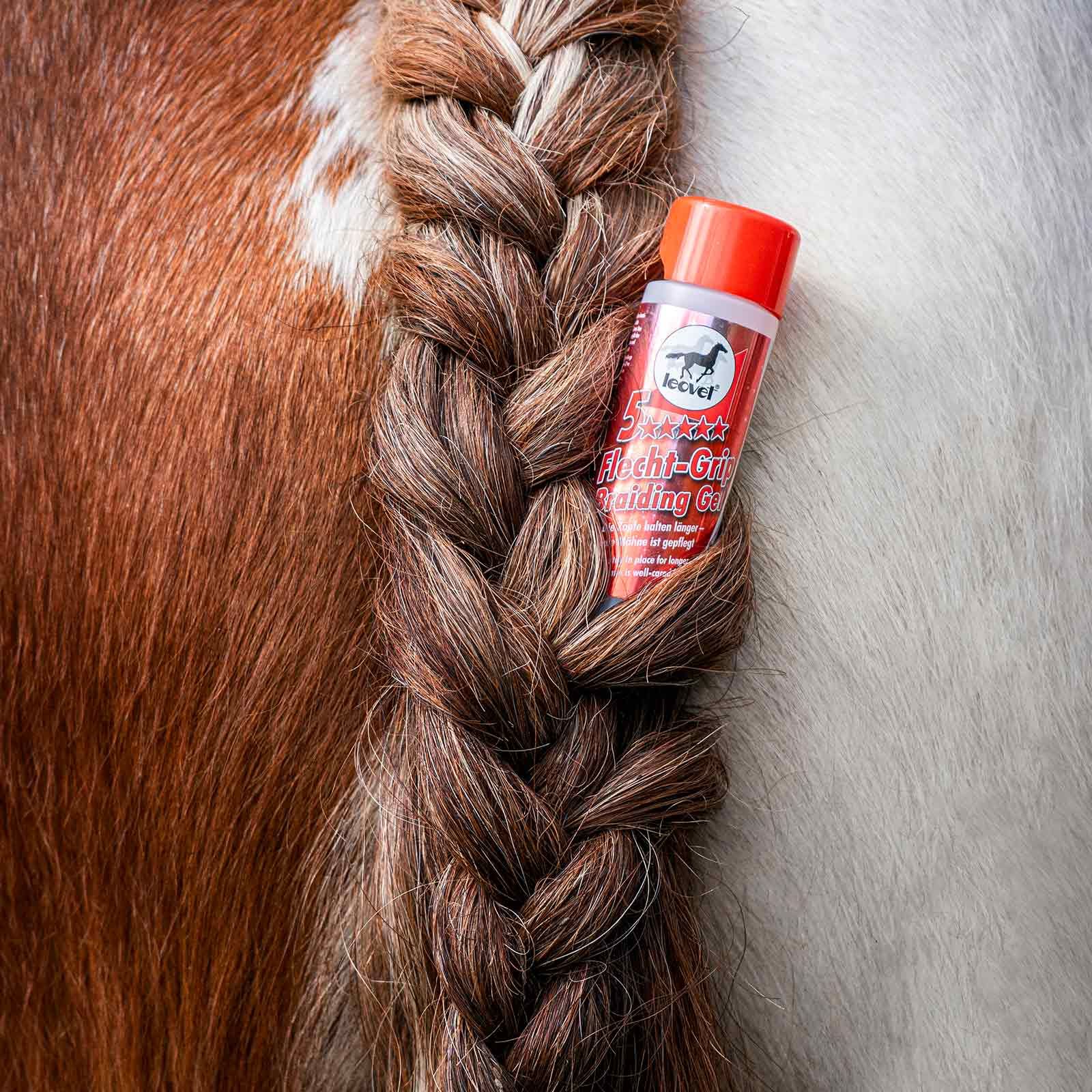 Gel de fixation pour tresses Leovet 5-Star Braiding Gel, 200 ml, exemple d'application