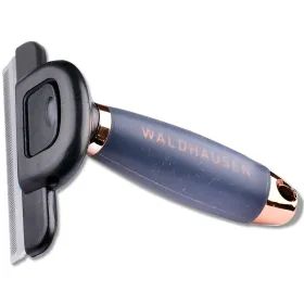 Fellstriegel mit Metallklinge und gepolstertem dunkelblauem Griff mit Aufschrift Waldhausen