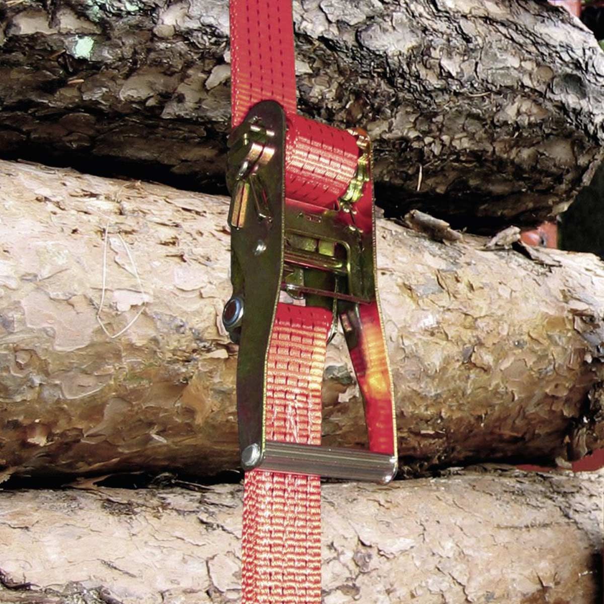Kerbl Ratchet Lashing Strap 2-Part 50mm/8m Rated 2.5t/5t Ring Hook, in use, clamp