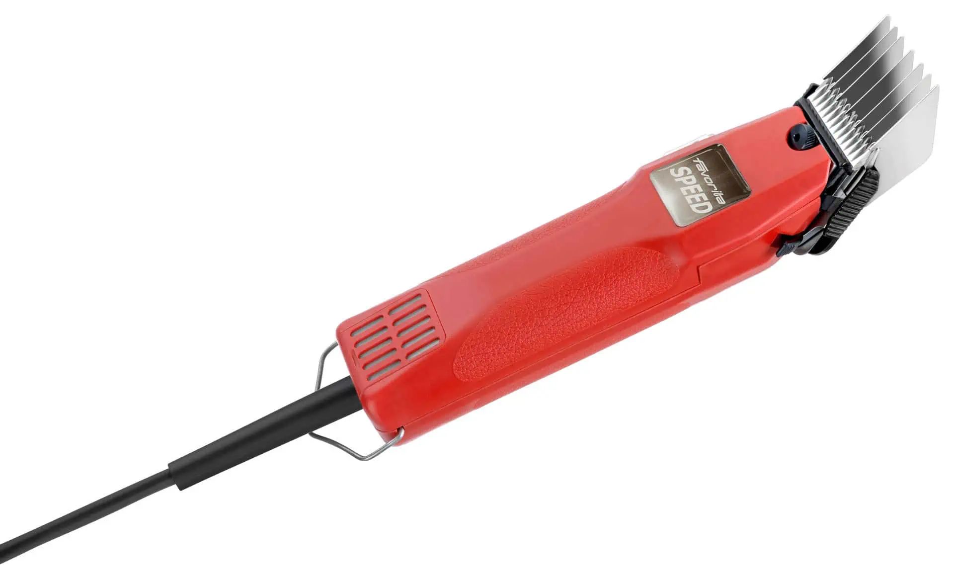 Tondeuse électrique rouge avec câble et tête de coupe