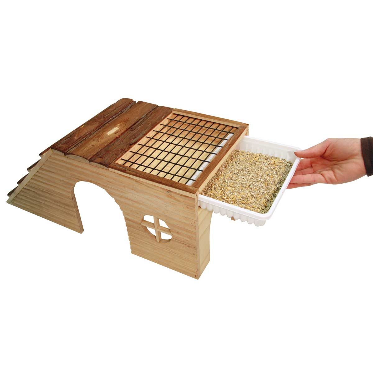 Kerbl Rodent House with Ramp Nature, Feeding Area 47x22x20cm, in use, feed