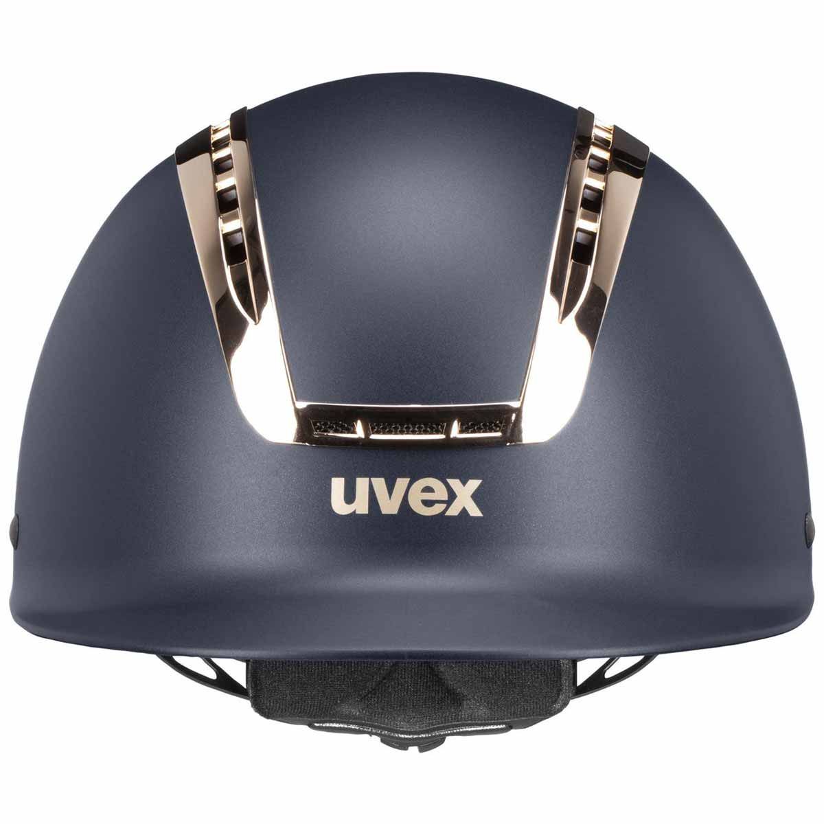 uvex suxxeed chrome riding helmet, elegant hardshell helmet with chrome frame, rear view