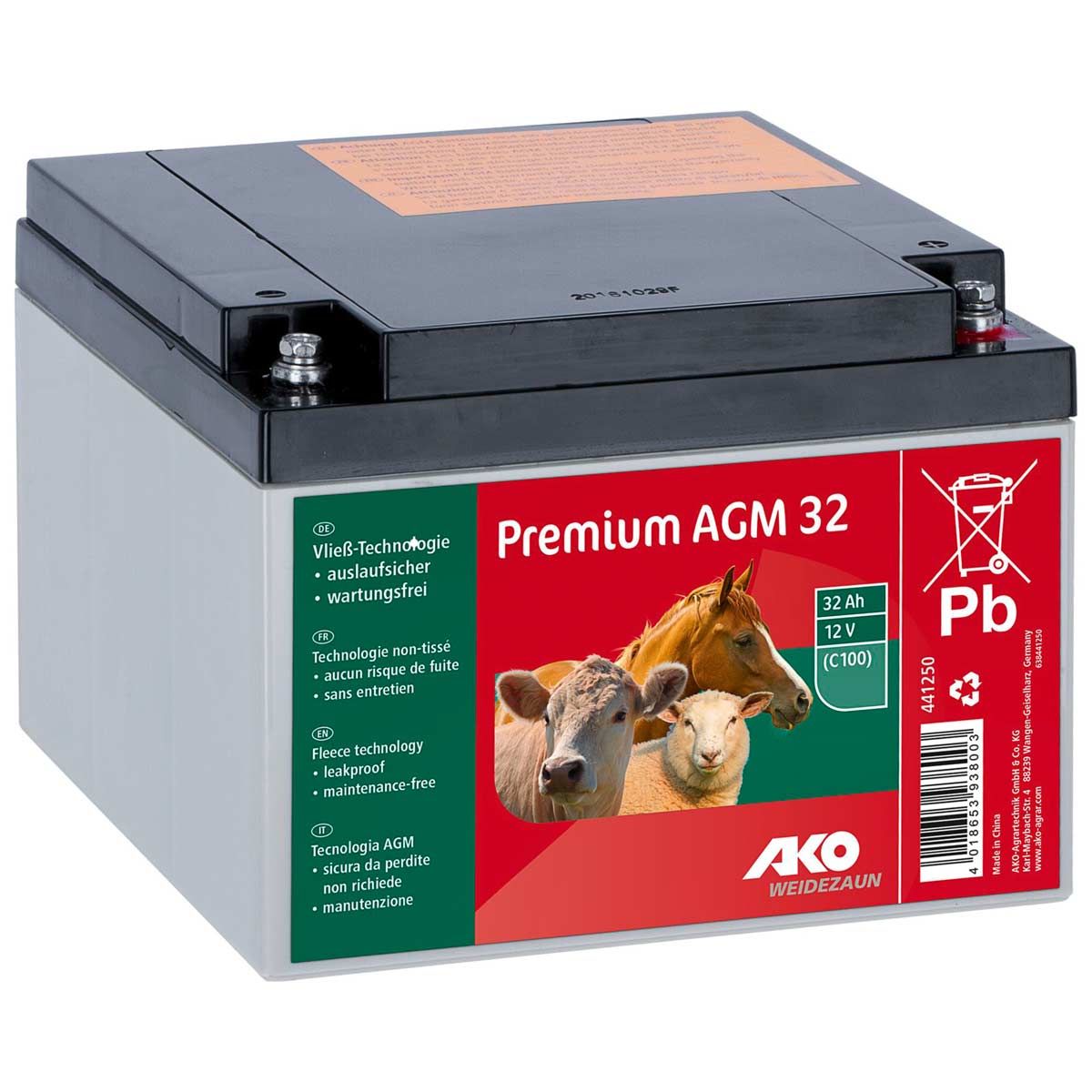 AKO AGM Prémium akkumulátor 12V 32Ah villanypásztorhoz, elölnézet