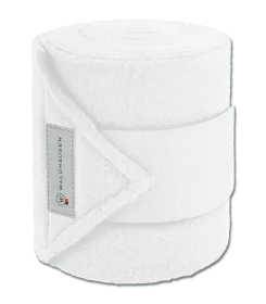 Weisse Fleece Bandagen fuer Pferde, gerollt, mit Klettverschluss