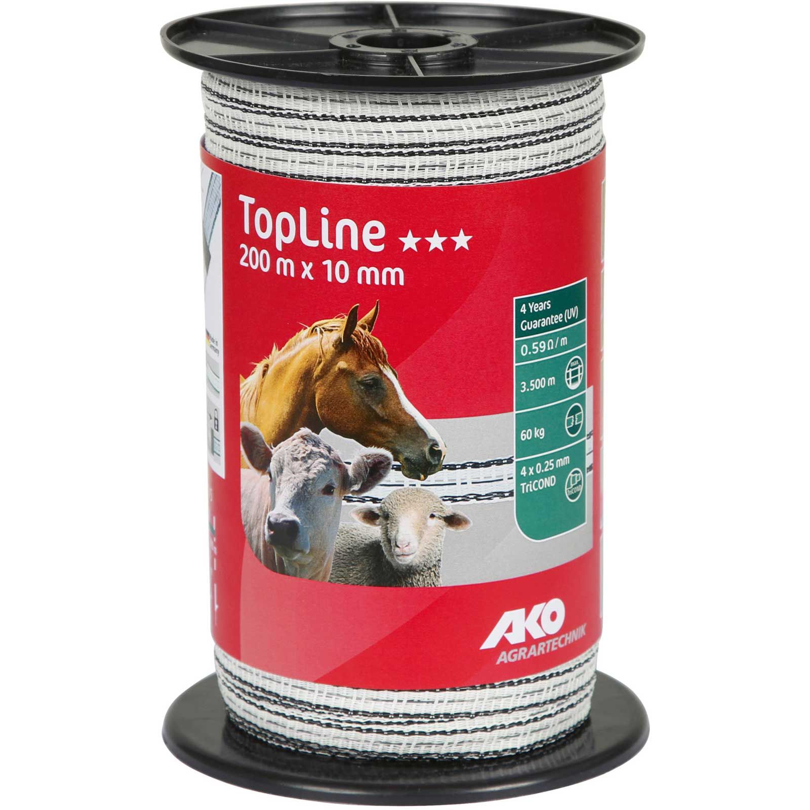 Ruban de clôture électrique AKO TopLine 200 m, 0,25 TriCOND, blanc / noir