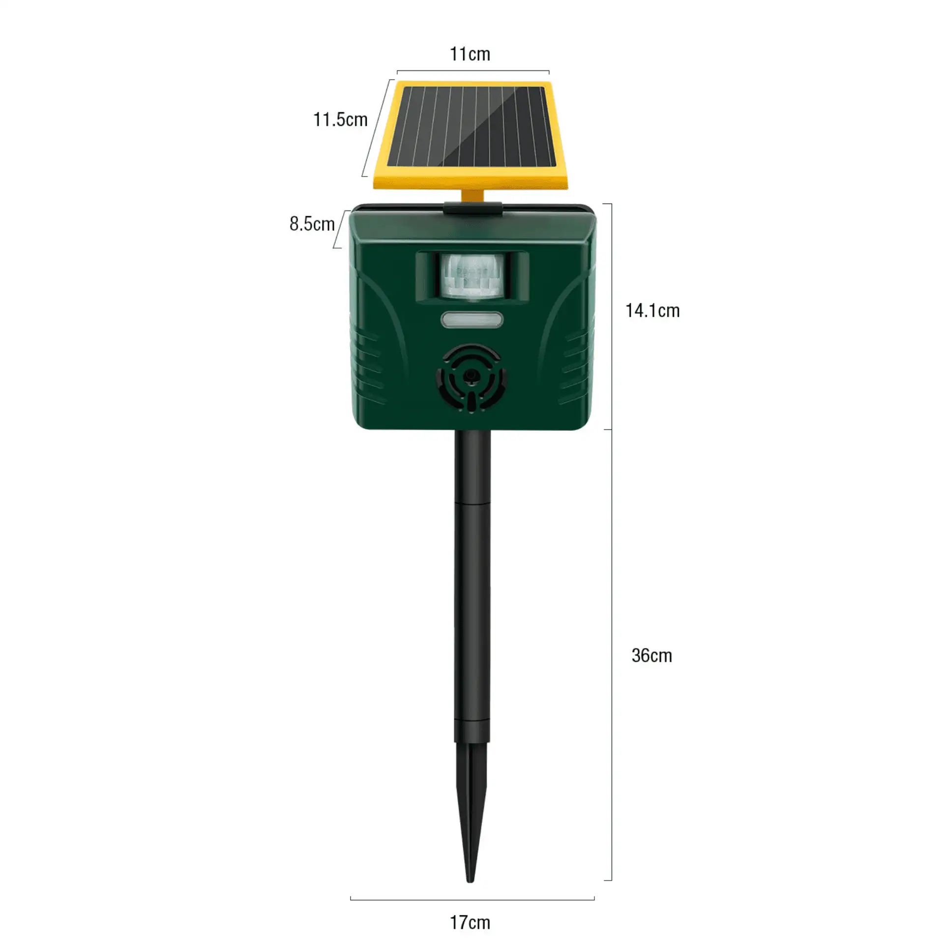 Répulsif à ultrasons Agrarzone Solar Plus, capteur PIR et alarme, plan coté