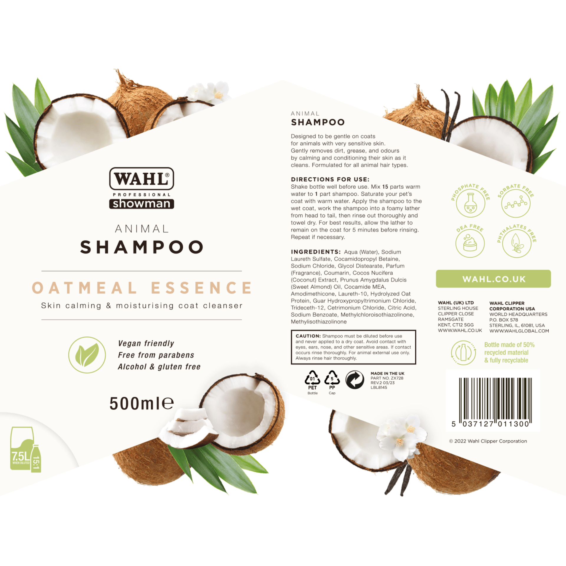 Wahl Oatmeal Essence Shampooing concentré pour chiens, peau sensible, étiquette