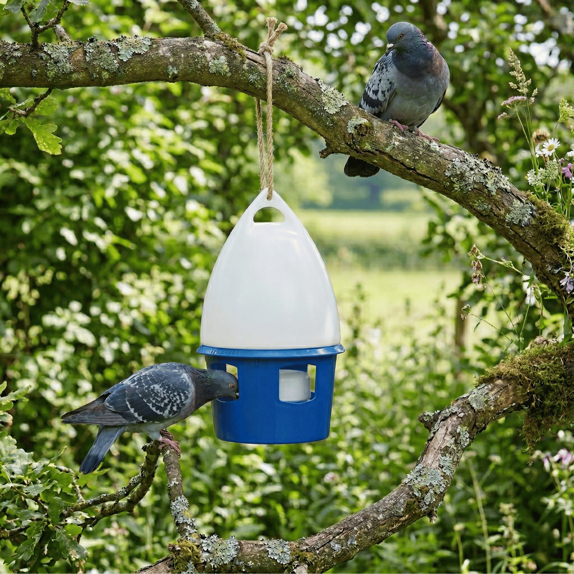 taube, taubenschuss, vogelfutterspender, blauer futterspender, garten