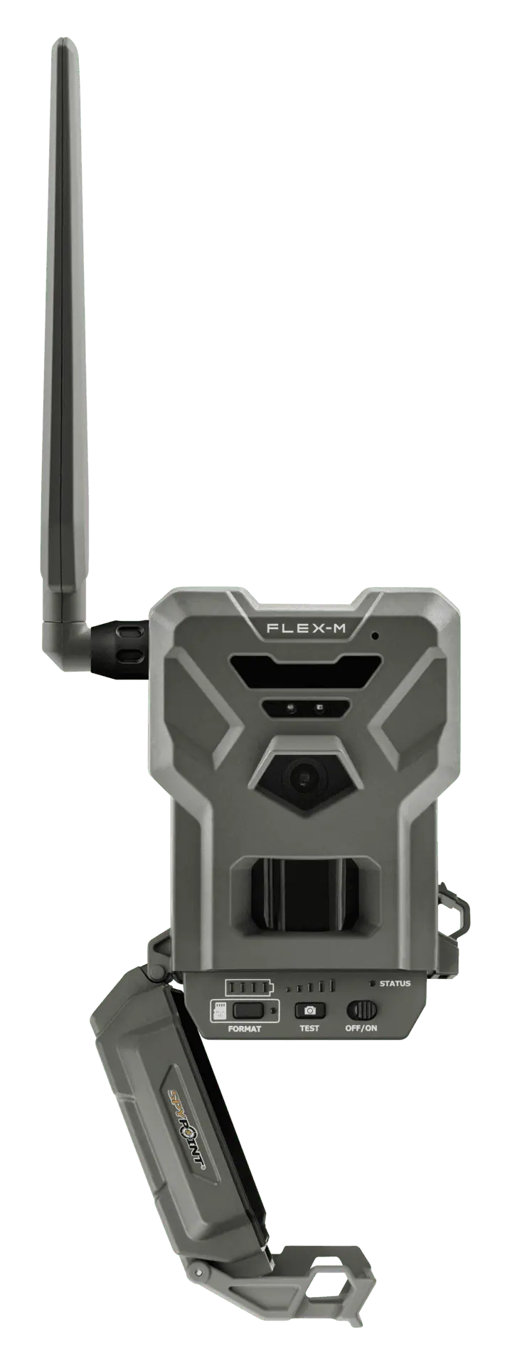 Flex-M trail camera with long antenna, lens and buttons for format, test and on-off