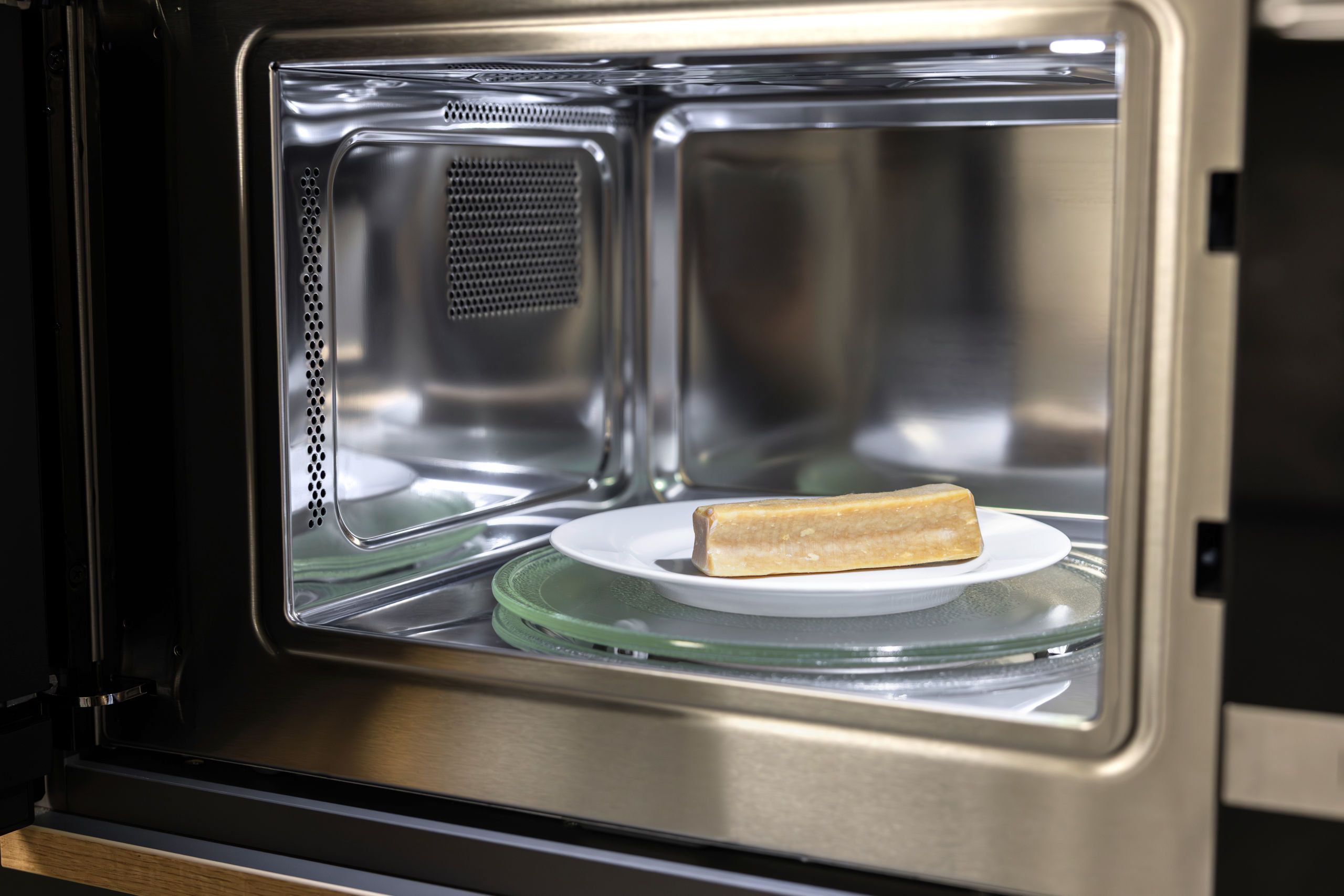 microwave, tape, butter, plate, metallic