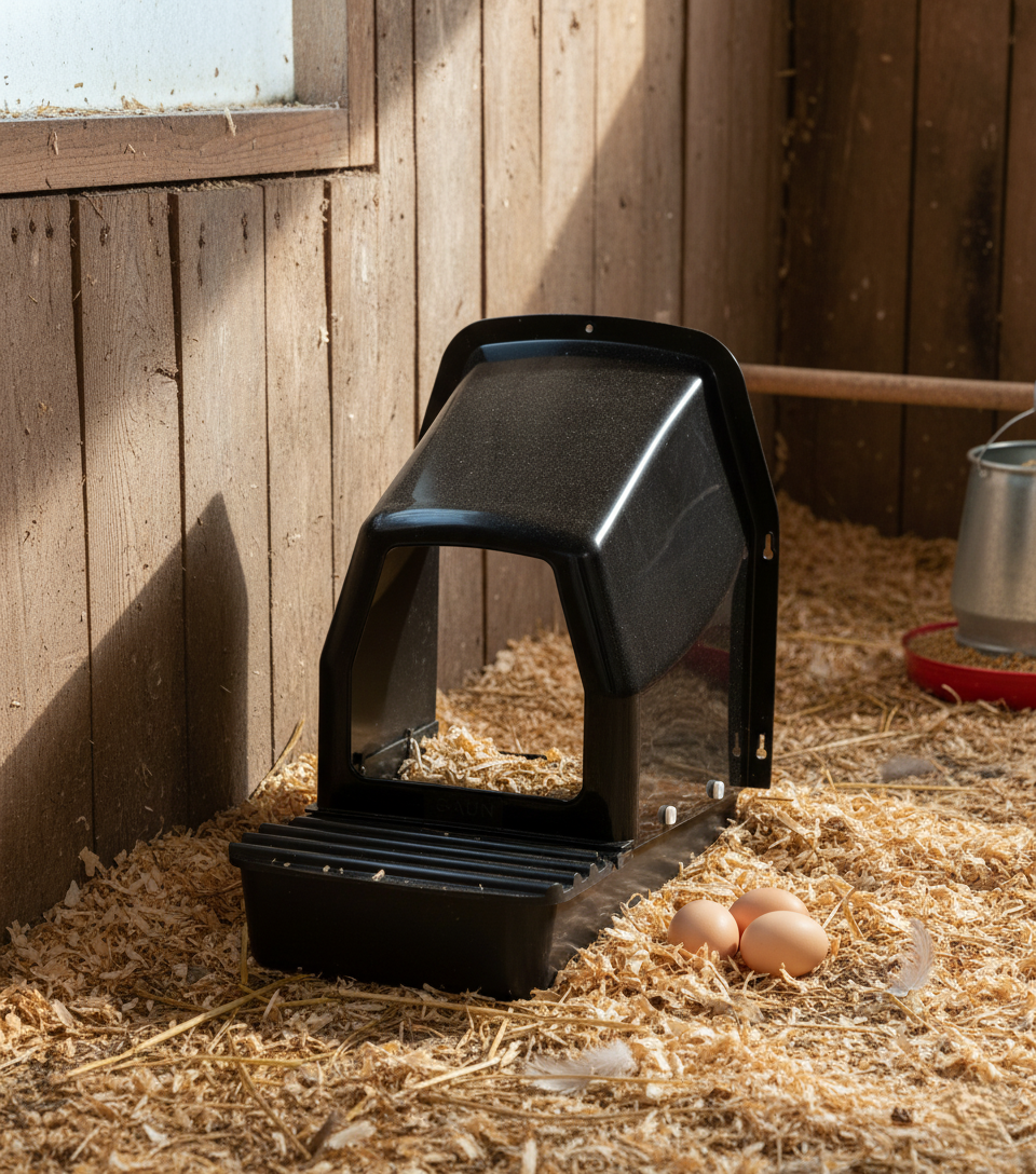Agrarzone Eco Chicken Nesting Box with Egg Collection Basket, in use, in the stable