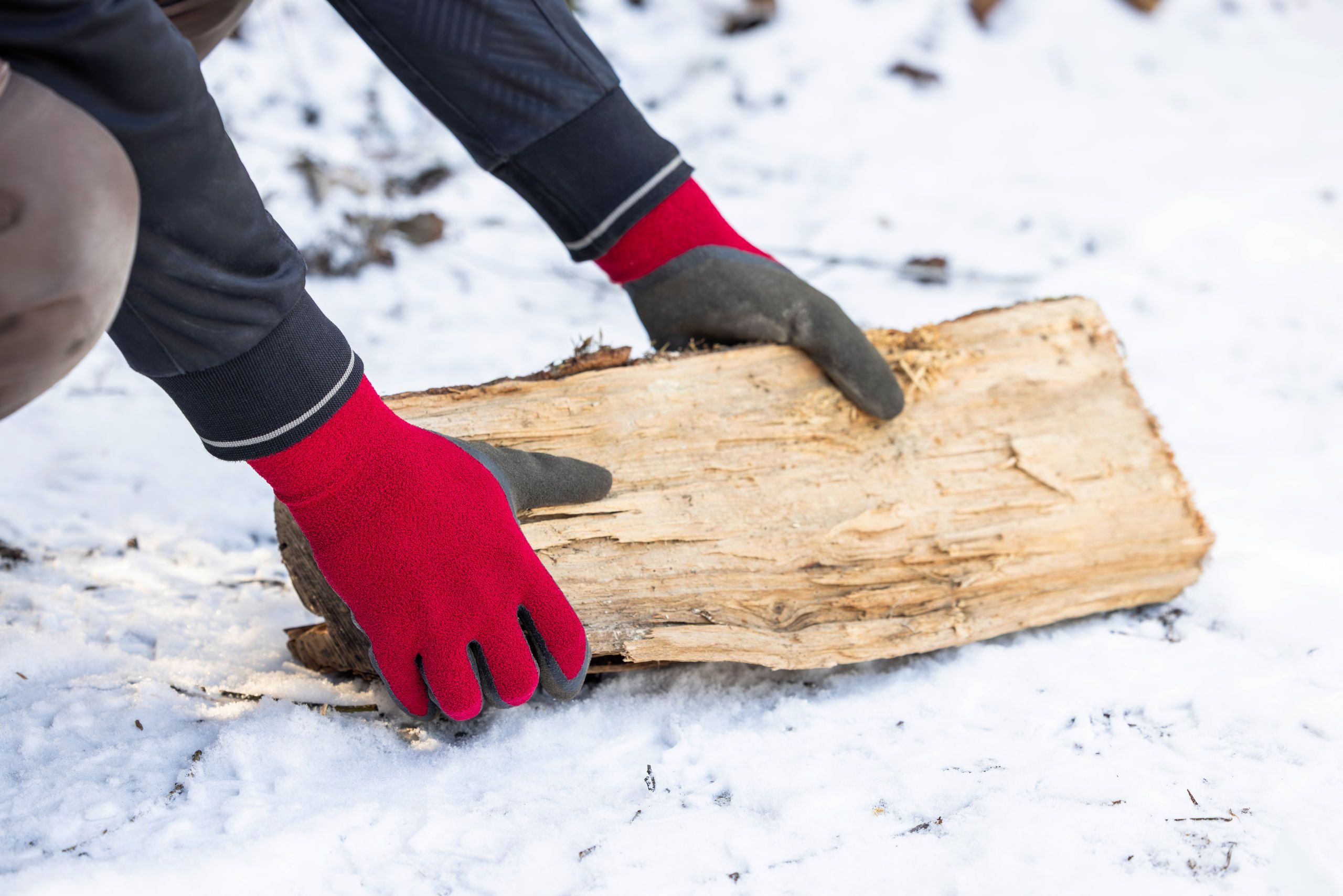 firewood, log, wood, gloves, snow, wood, log, firewood, gloves, winter