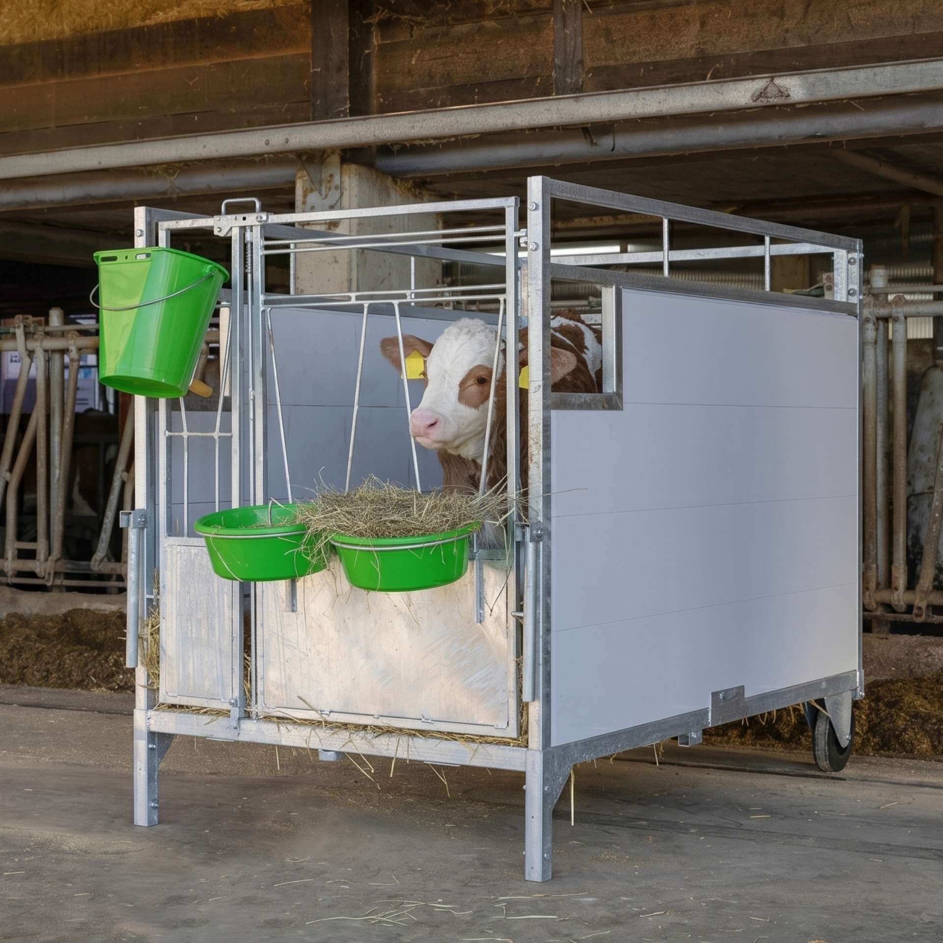 Kerbl Kälberbox Premium mit schwenkbarem Boden, feuerverzinkter Rahmen, im Einsatz, im Stall