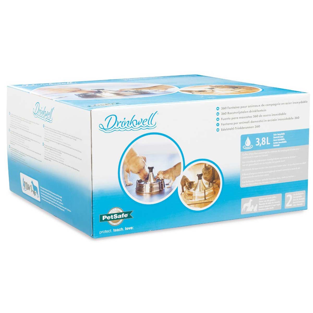 PetSafe Drinkwell 360 Stainless Steel Pet Fountain for Cats & Dogs, packaging