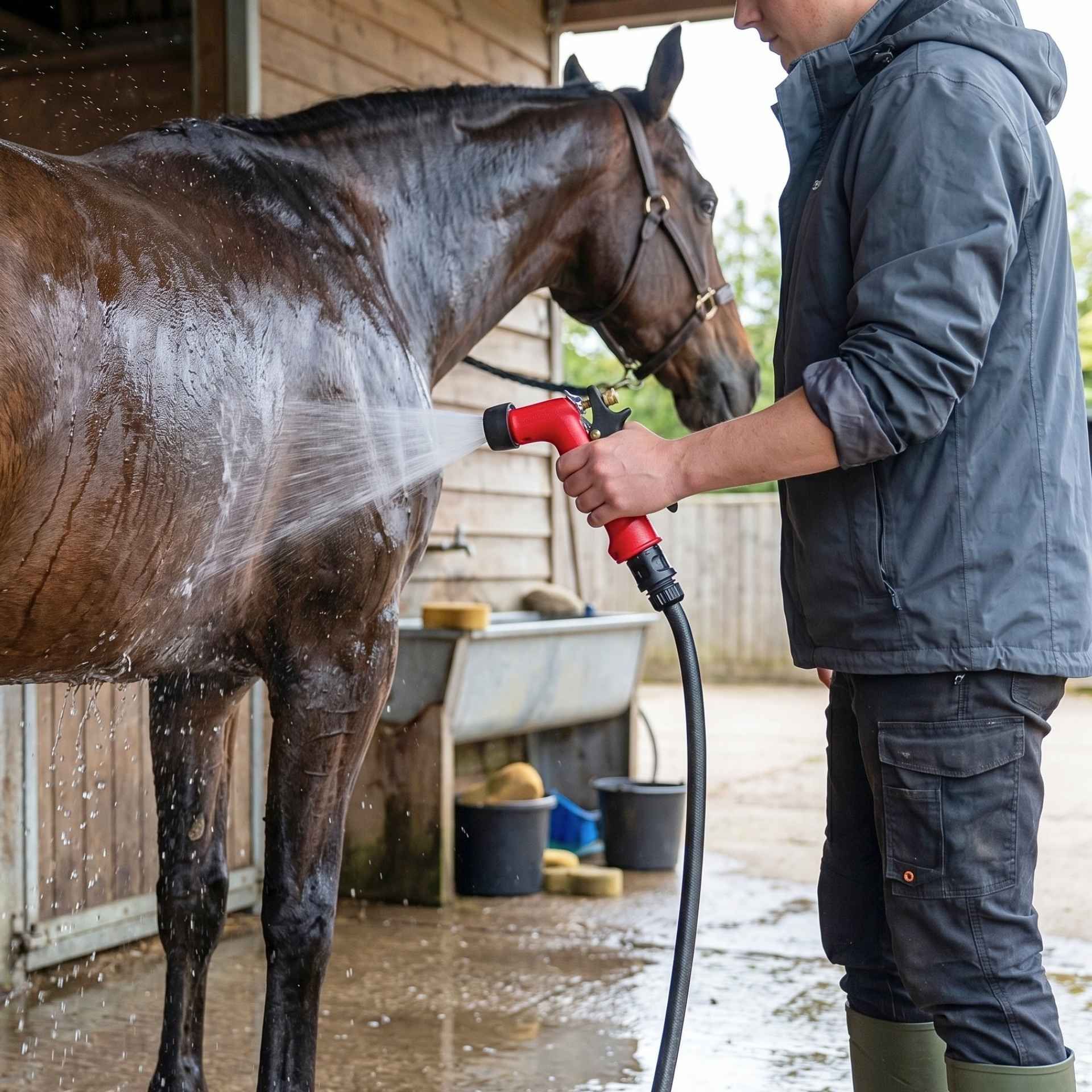horse, washing, hose, bath, outdoor