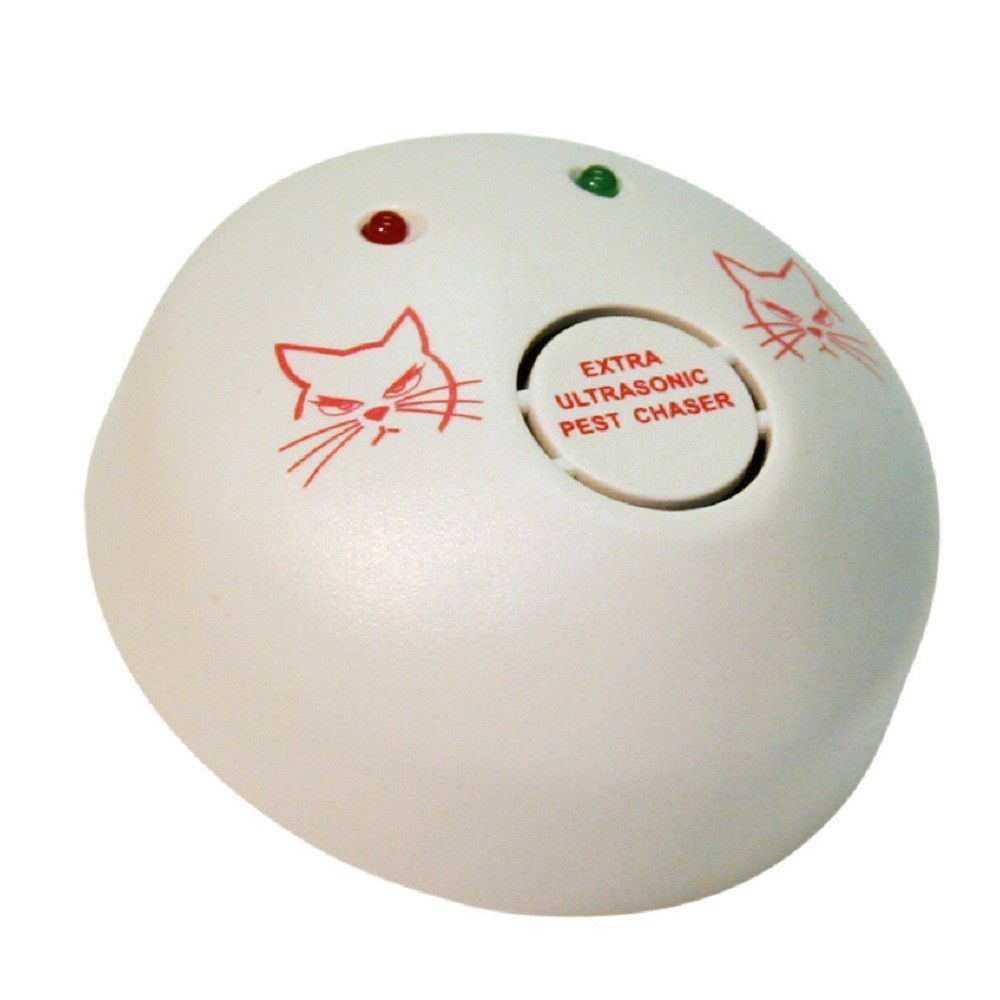 White oval device with cat design, labelled extra ultrasonic pest chaser