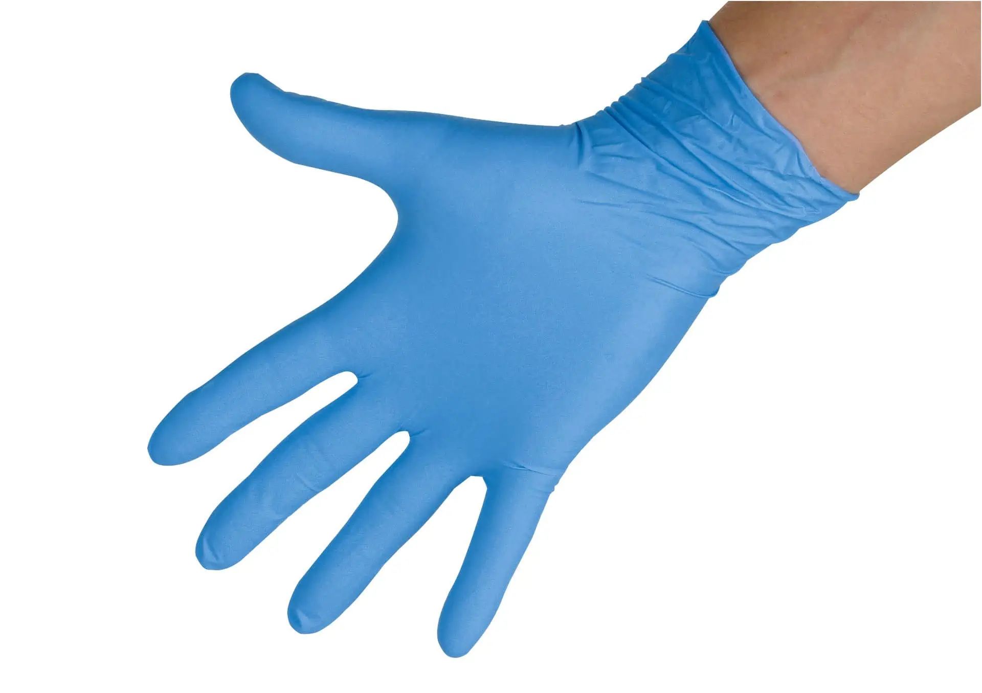 Kerbl Nitrile Sensitive Disposable Gloves, Unpowdered, Blue, 100 pcs, in use, held in hand