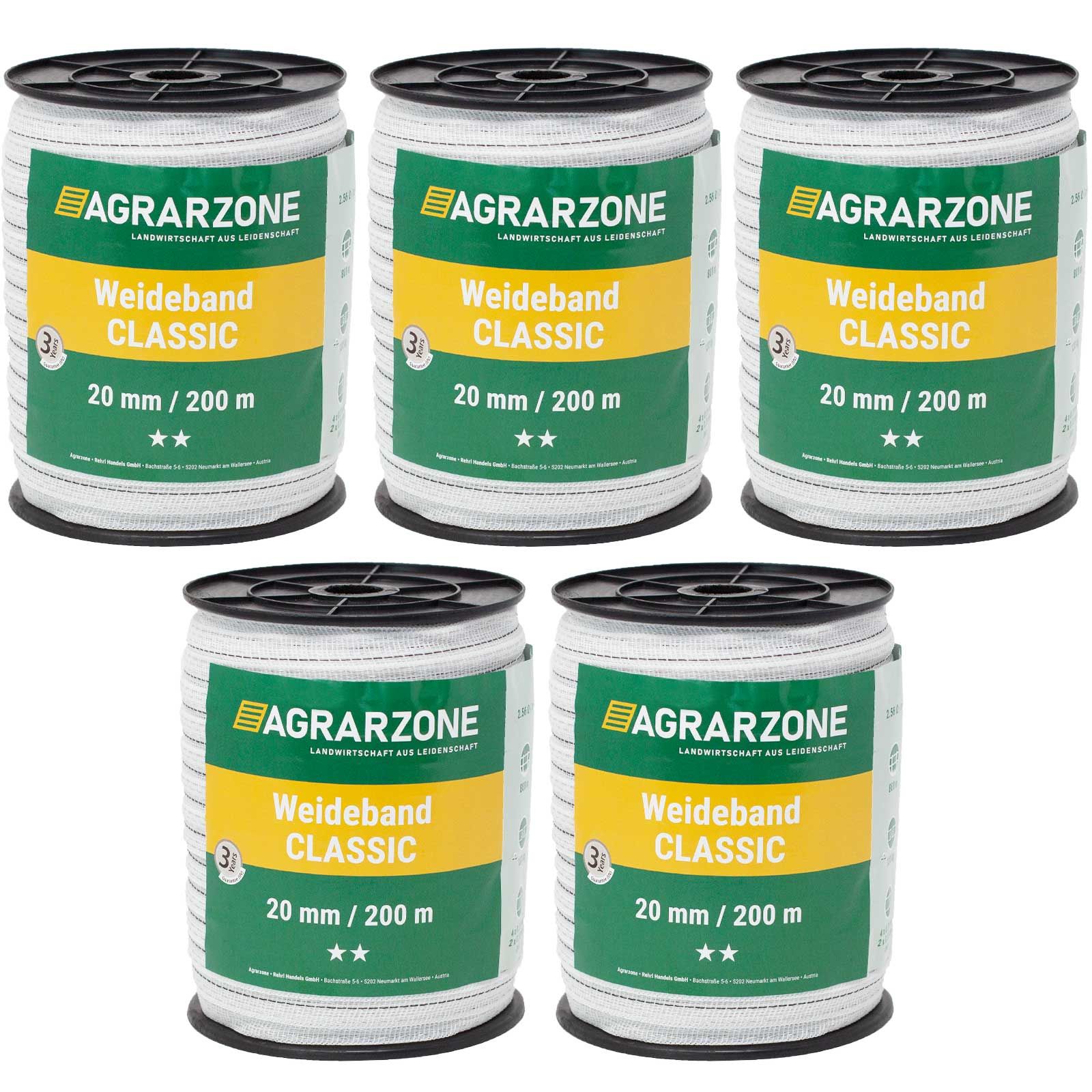 Ruban de clôture électrique Agrarzone CLASSIC 0,20 + 0,30 acier inox, blanc 1000 m x 20 mm