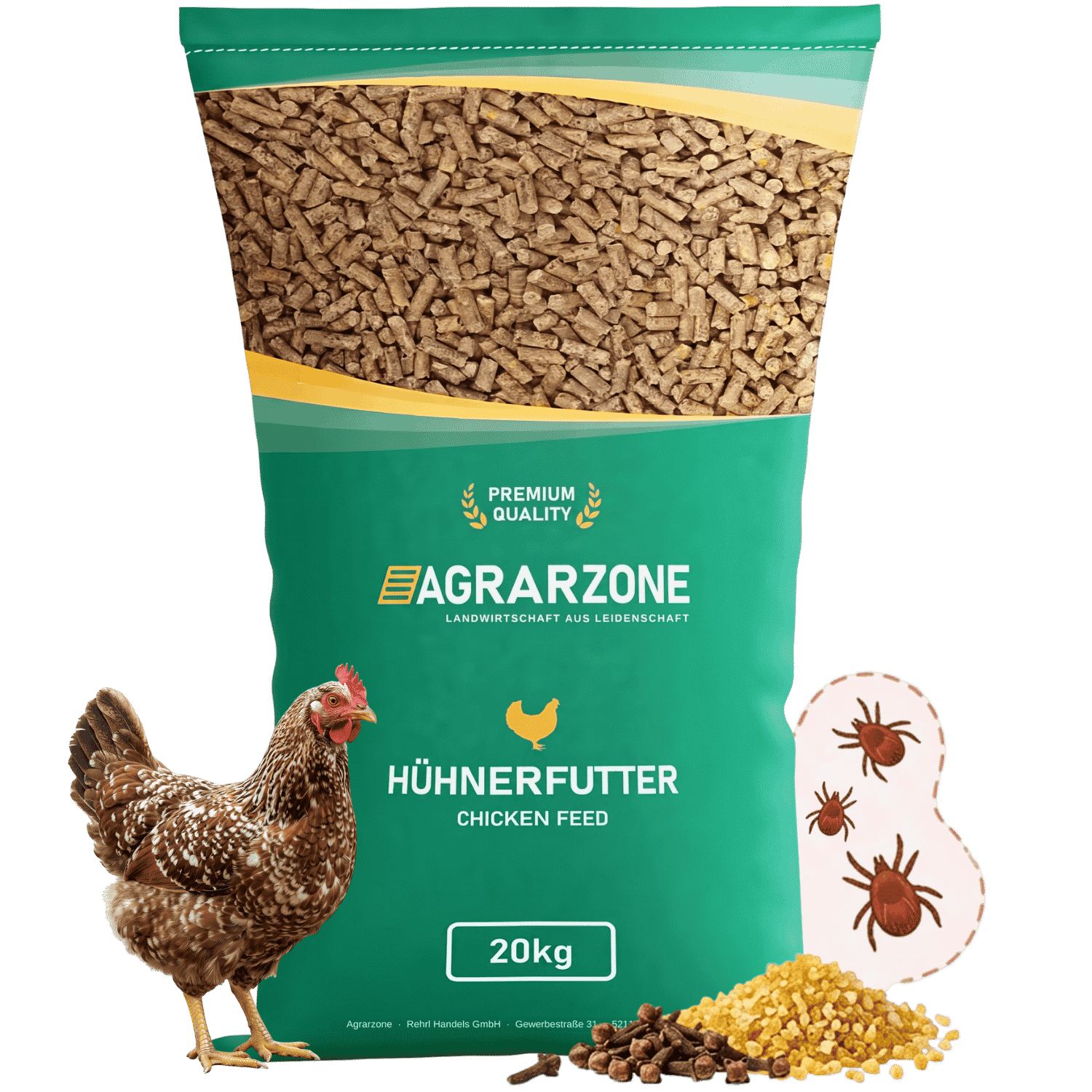 Agrarzone hönsfoder pellets i 20 kg säck med höna, kvalsterillustration och foderråvaror