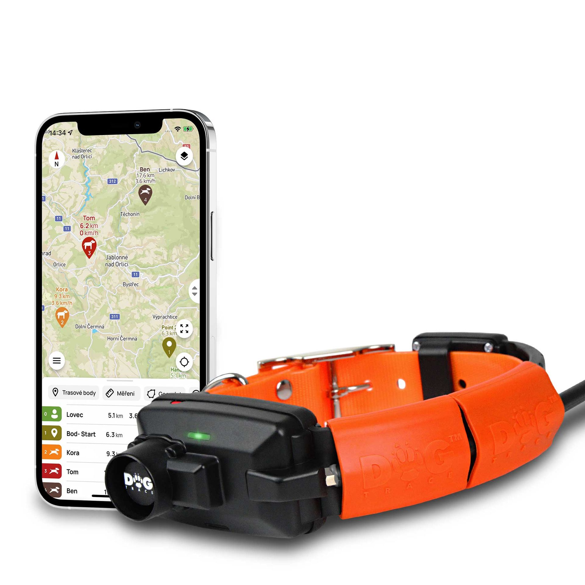 Zgardă portocalie pentru câini cu emițător GPS lângă un smartphone cu hartă