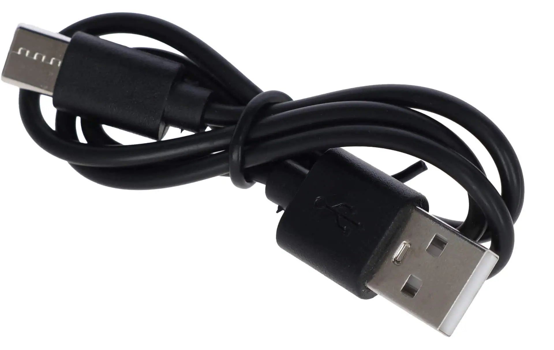 black USB cable coiled up with micro-USB connector