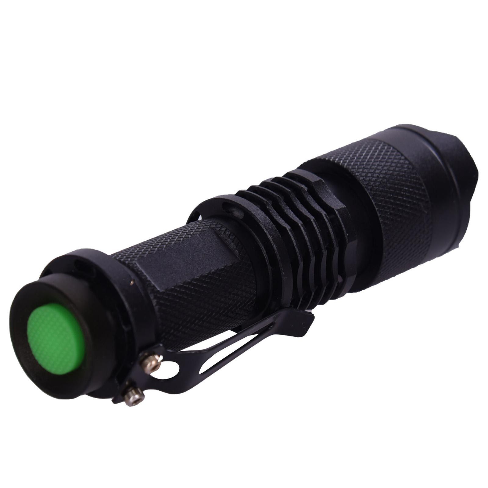 Lampe torche métallique noire avec bouton vert et clip de ceinture