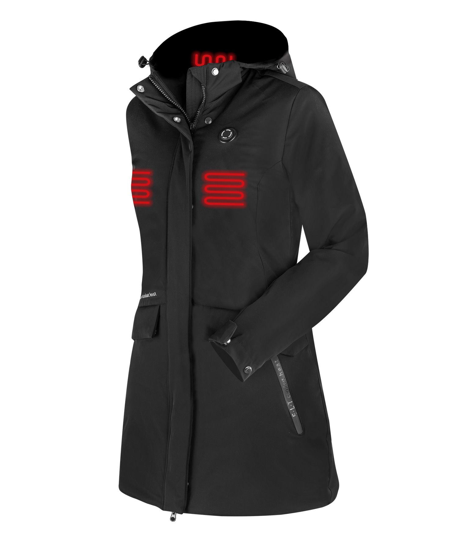 ELT Comfort Heat fűtőparka, fekete, szél- és vízálló, 6 fűtőzónával, elölnézet