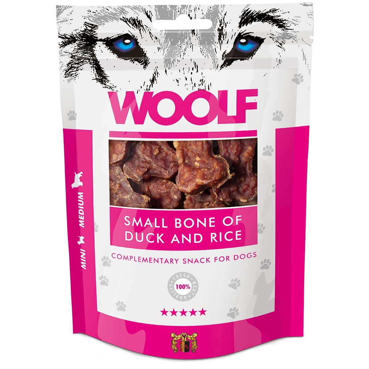 Woolf Hundeleckerli kleine Knochen mit Ente & Reis, Verpackung