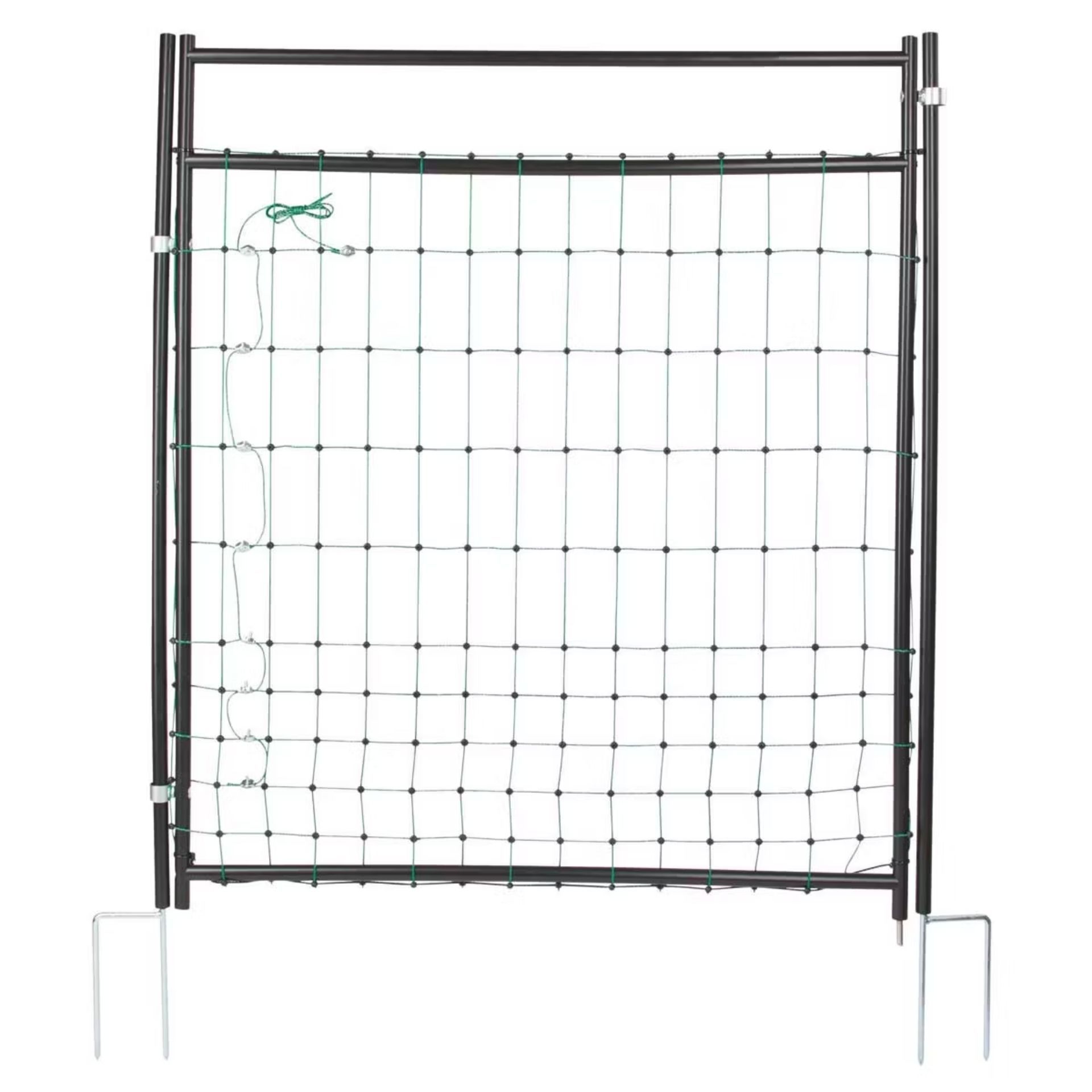 garden fence, wire netting, sturdy frame, foldable support, green ties