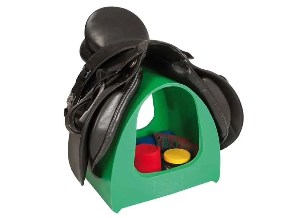 Growi Saddle-Pac Mobile Saddle Rack with Practical Storage for Accessories, in use