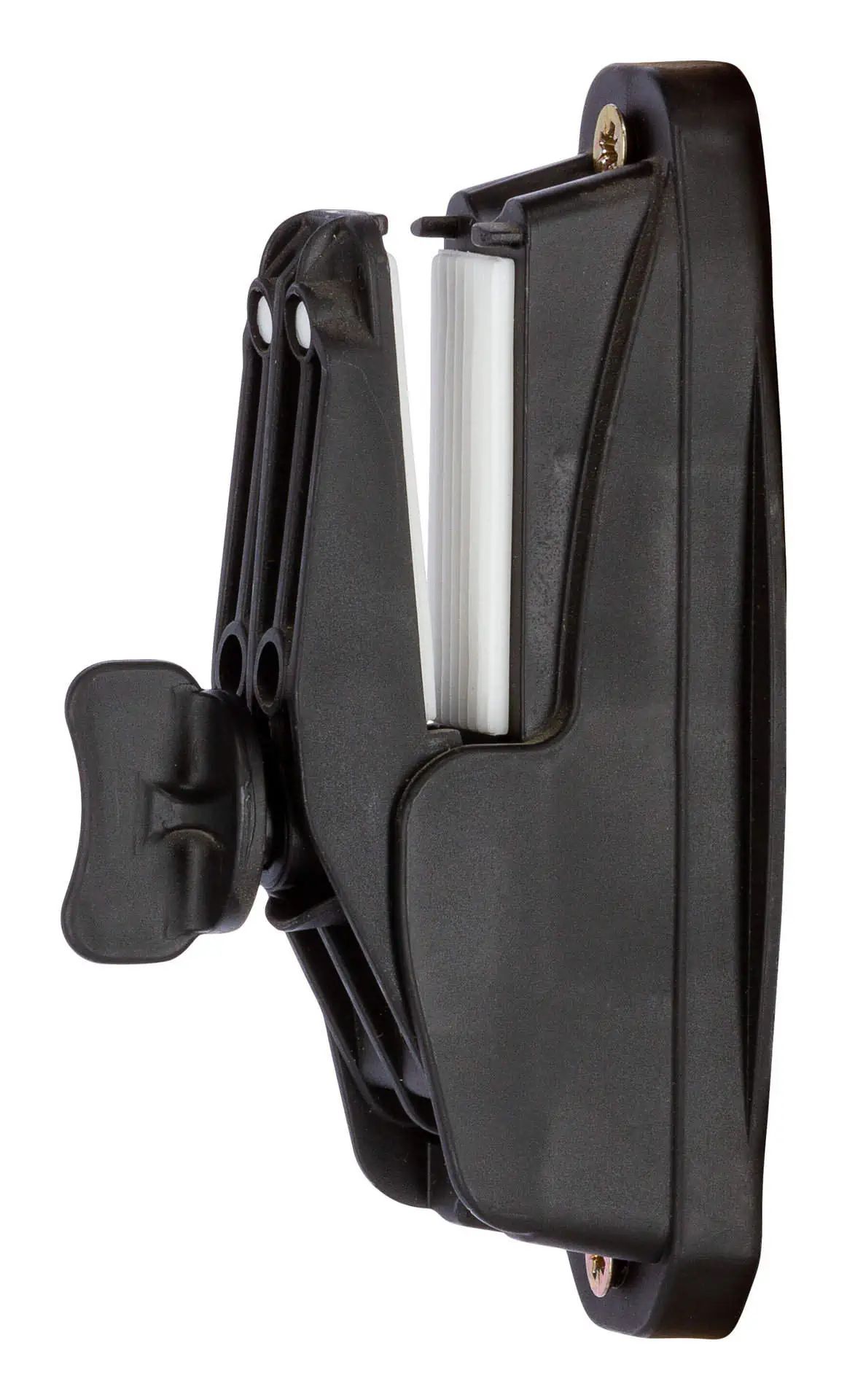 Black plastic bracket with clamp mechanism and hinge