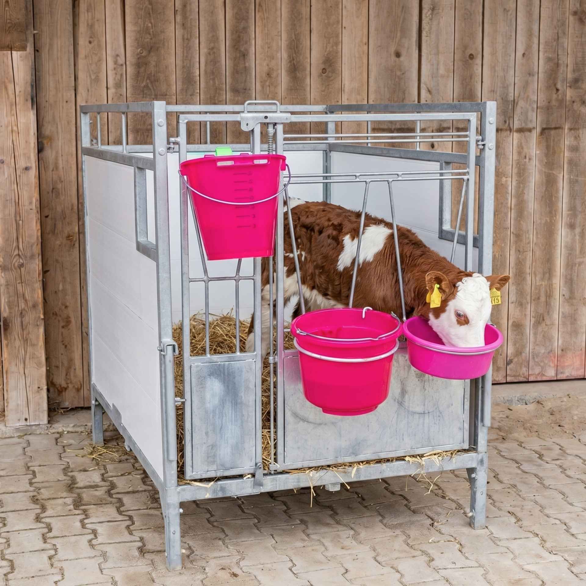 calf, calf pen, metal stall, pink buckets, feeding bucket
