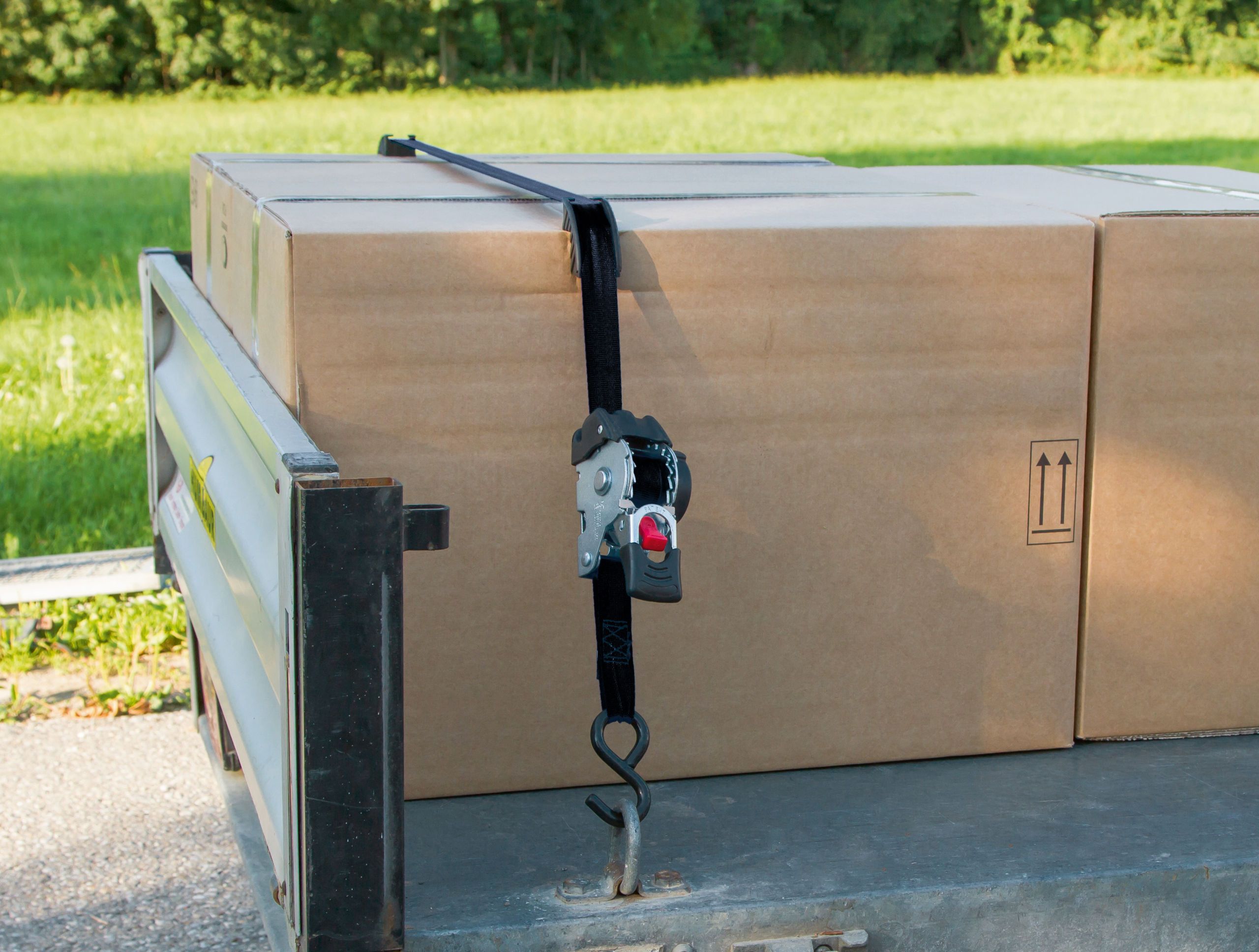 box, cardboard boxes, trailer, strapped, cargo trailer