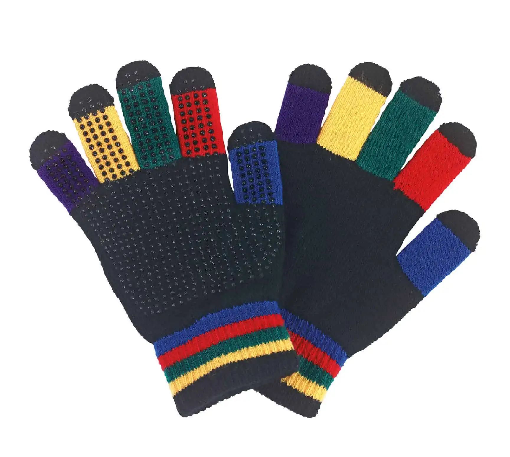 Paio di guanti scuri lavorati a maglia con punte colorate e polsino colorato