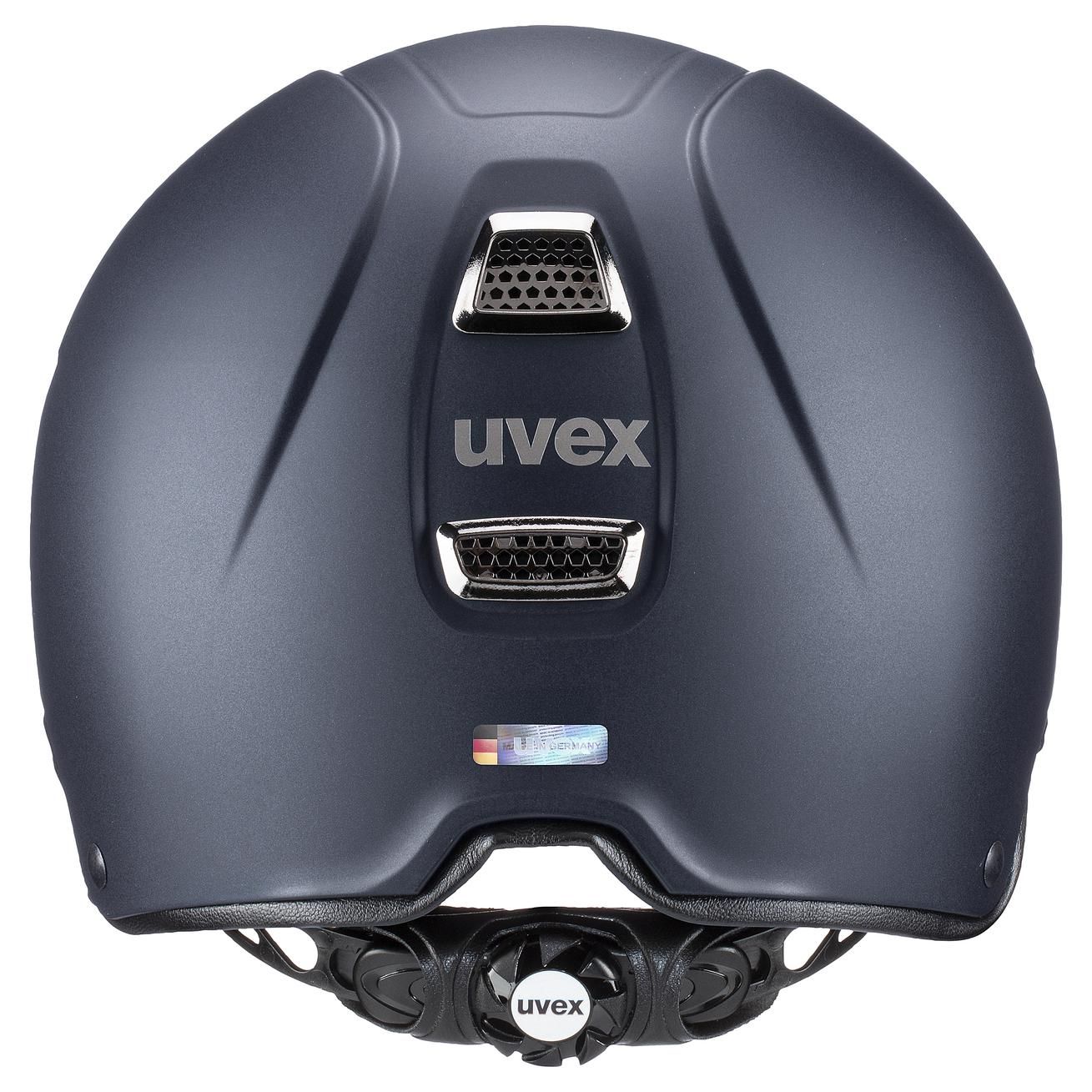 casque d'équitation uvex perfexxion III chrome, bleu marine mat, vue arrière