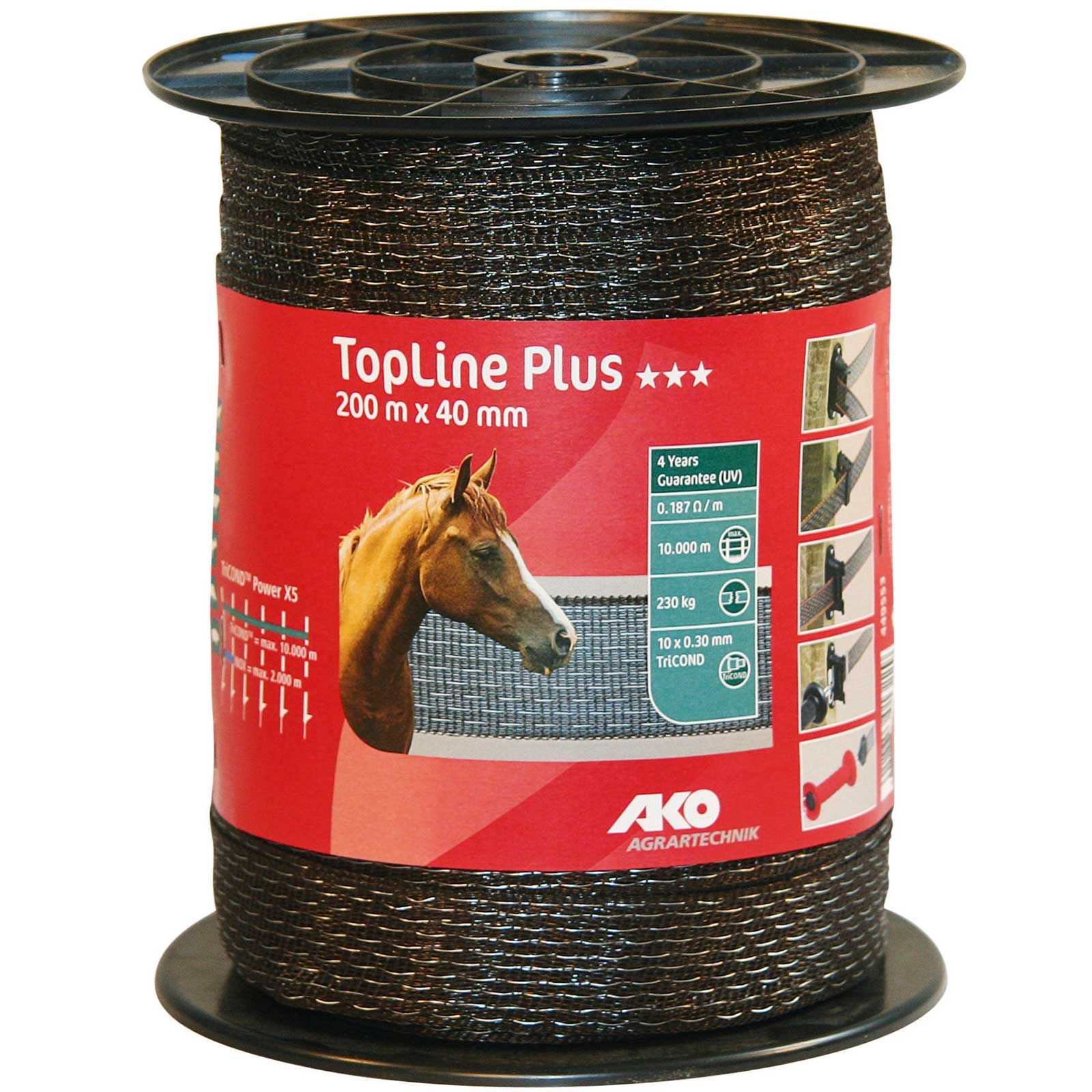 Ruban de clôture électrique AKO TopLine Plus 200m, 40mm, 10x0.30 TriCOND, marron