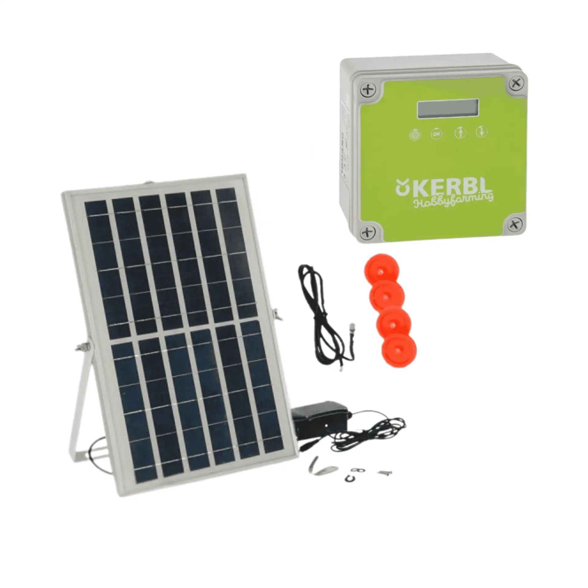 Porte de poulailler èlectrique solaire Kerbl, contenu de la livraison