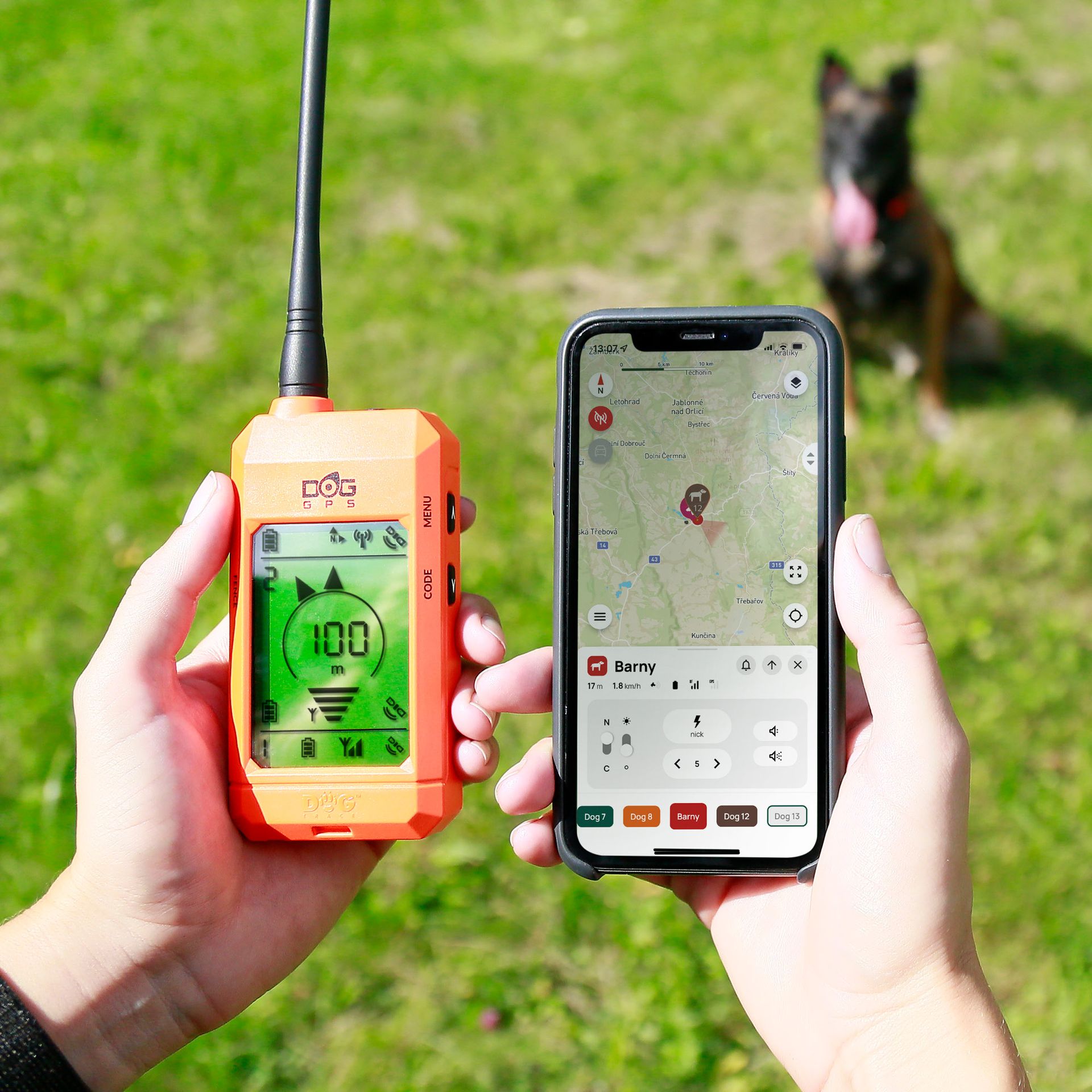Dogtrace GPS-tracker X30B set, app-funktion, beeper, i användning, i handen