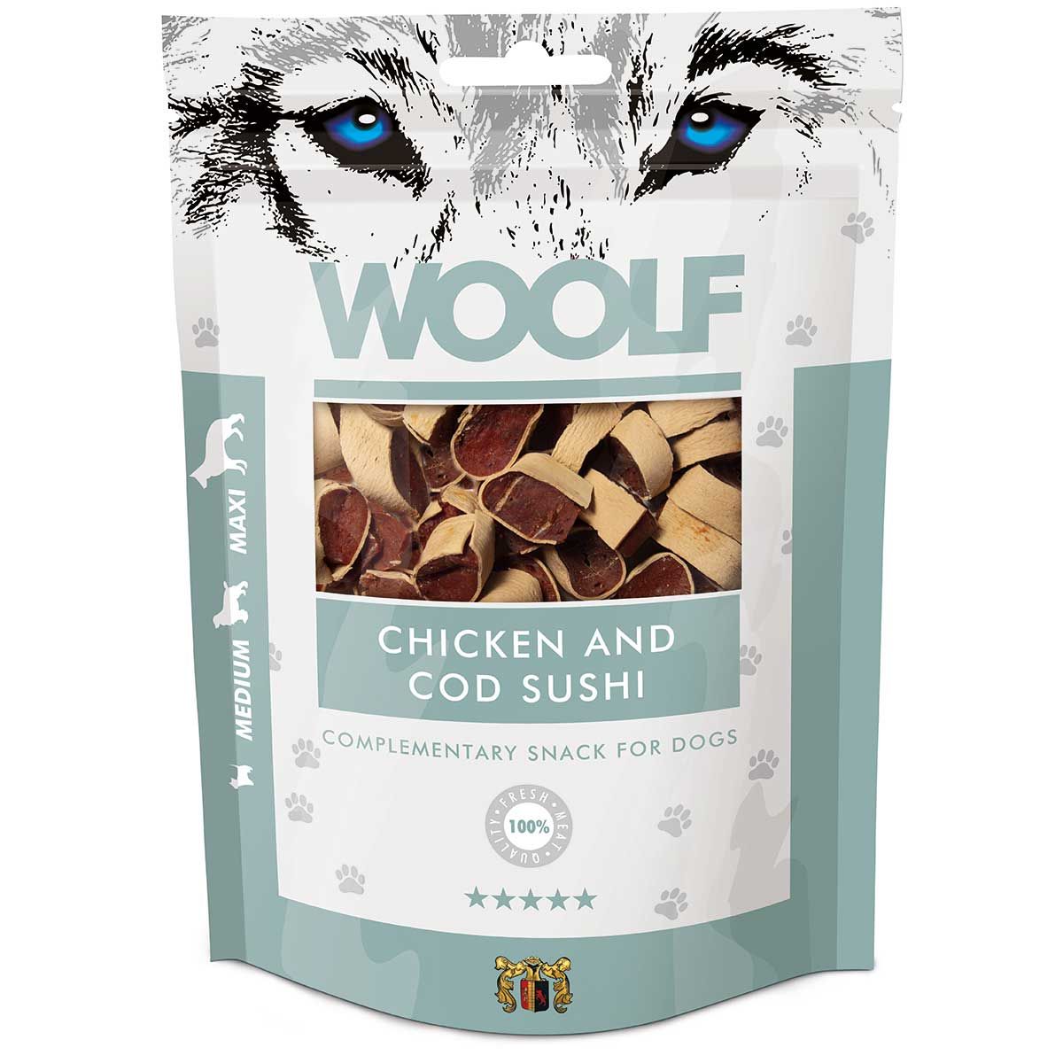 Woolf Dog treat chicken and cod sushi, packaging
