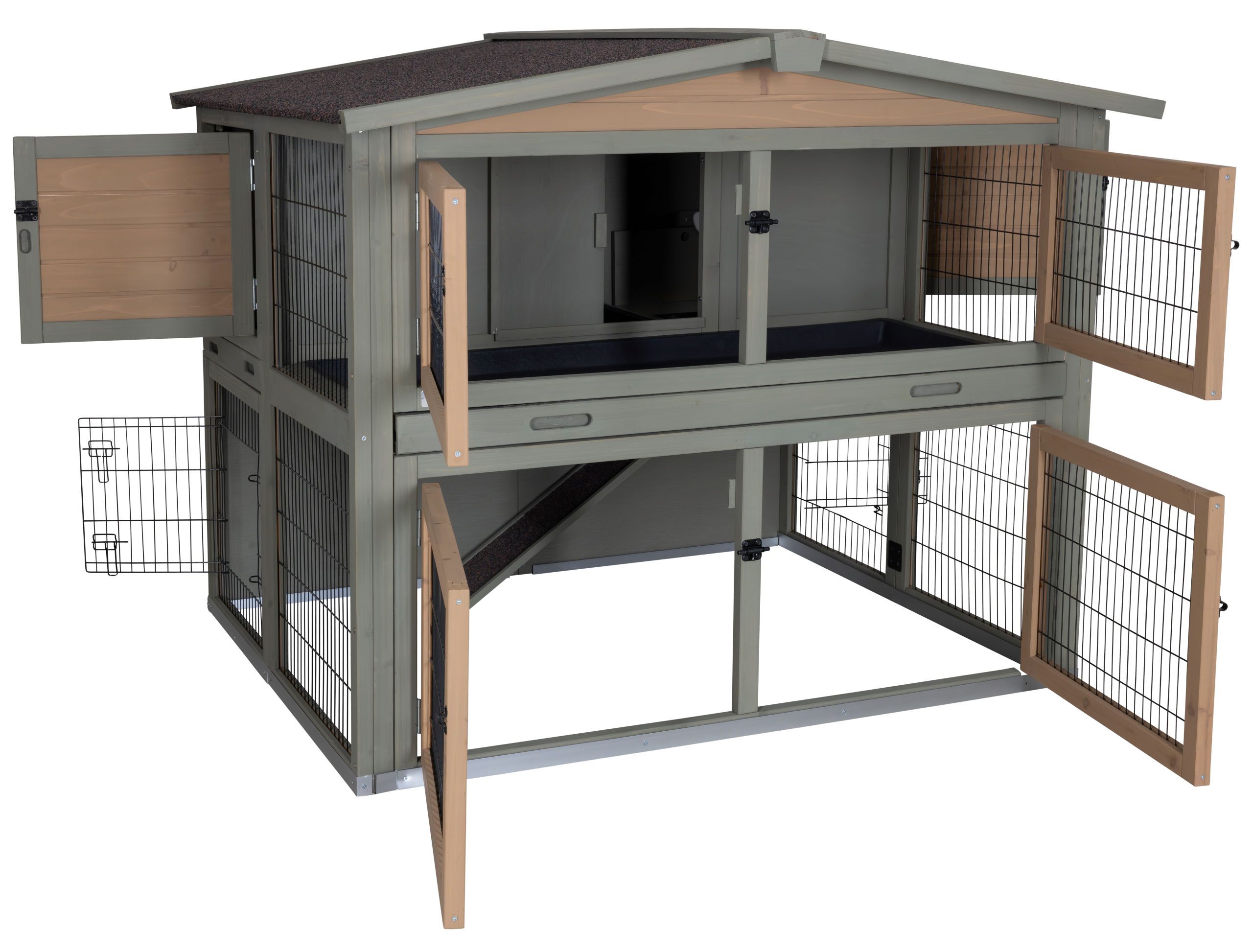 Hühnerstall, aus Holz, mehrstöckig, Drahtgitter, Satteldach