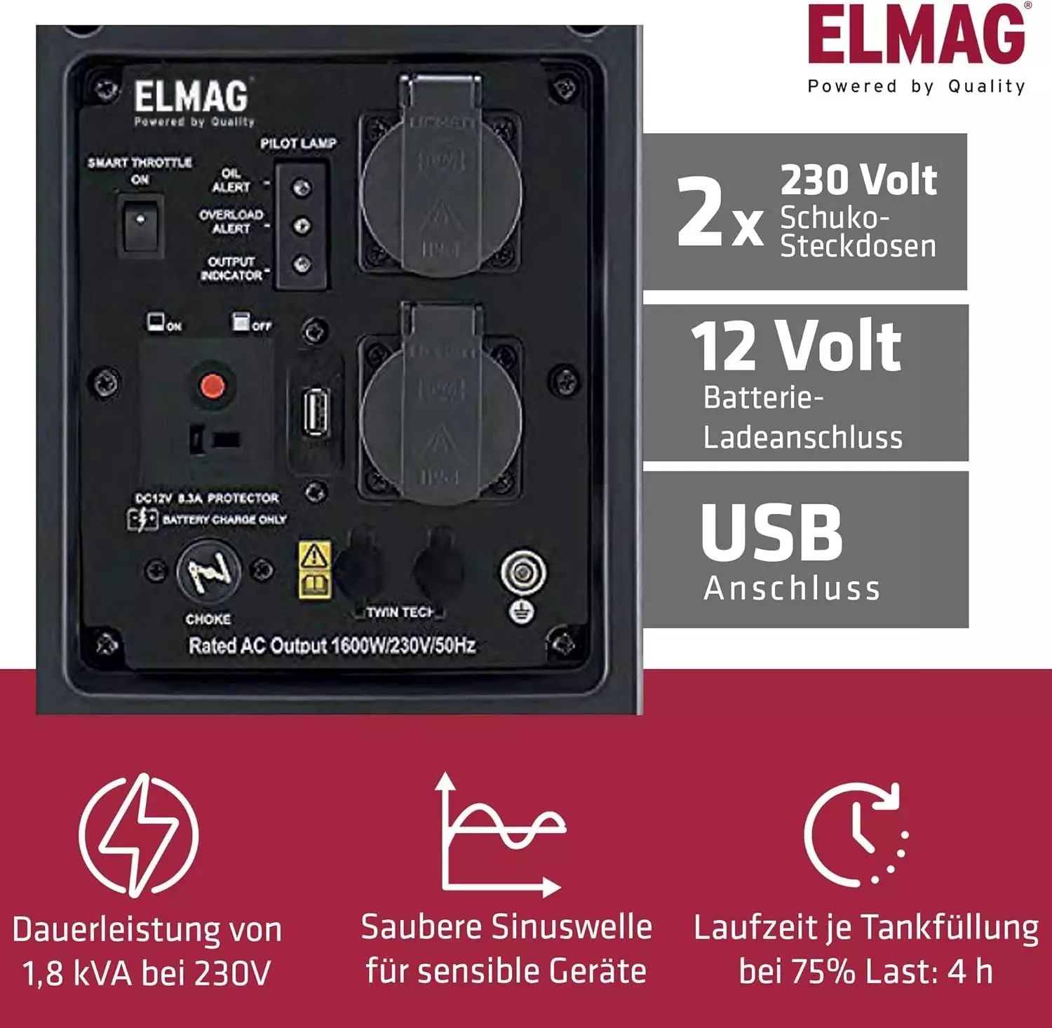 Groupe électrogène inverter Elmag SEBSS 2000Wi, commandes, raccord