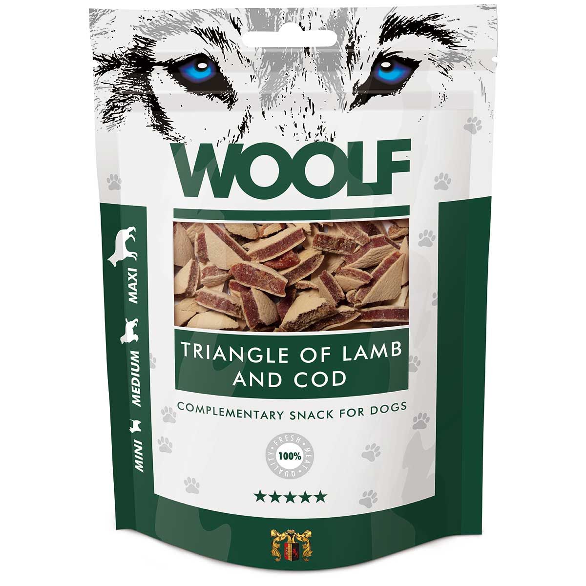 Woolf Hundeleckerli Lamm & Kabeljau Dreiecke, Verpackung