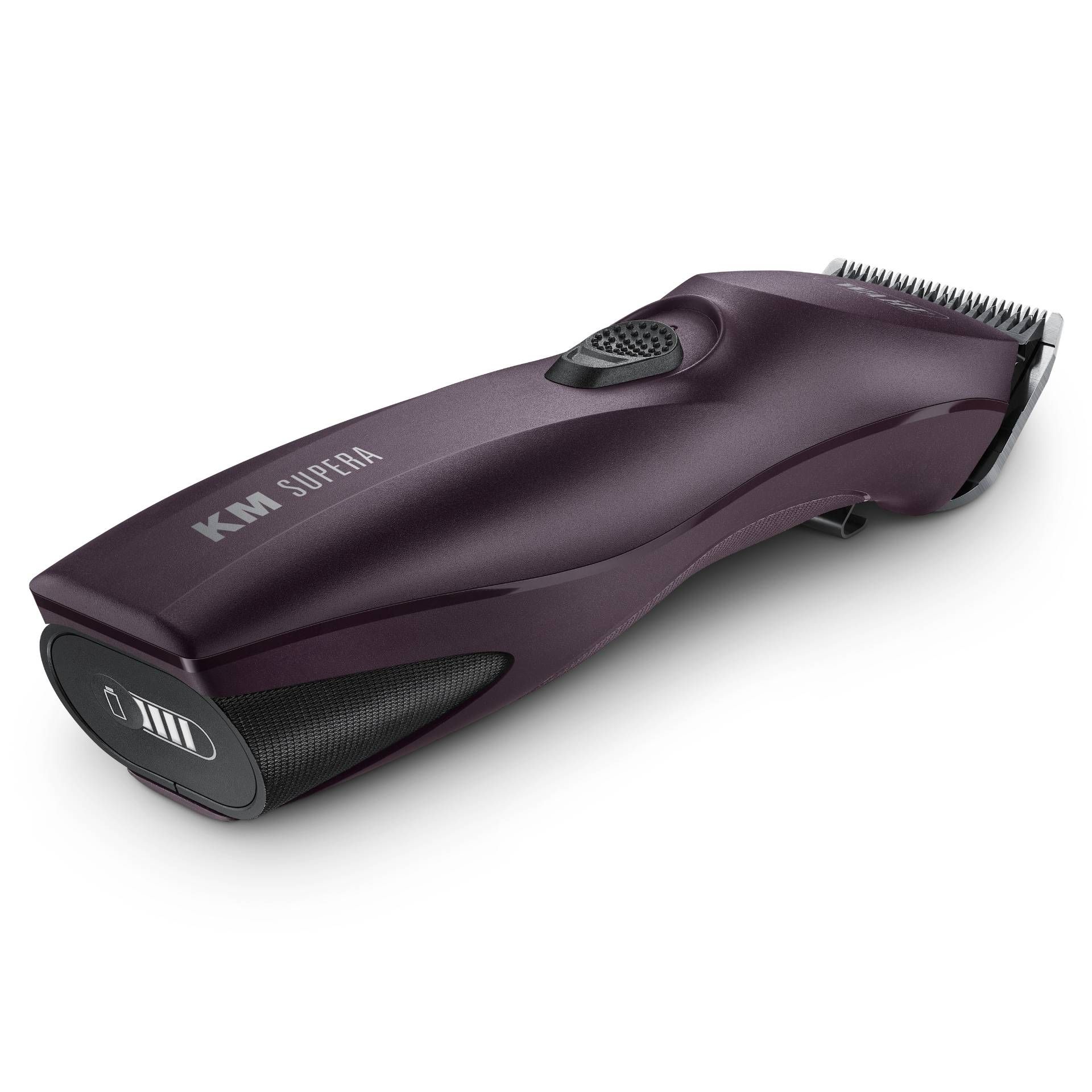 Aparat de tuns electric violet închis, cu cap negru și indicator de încărcare, marcat KM Supera