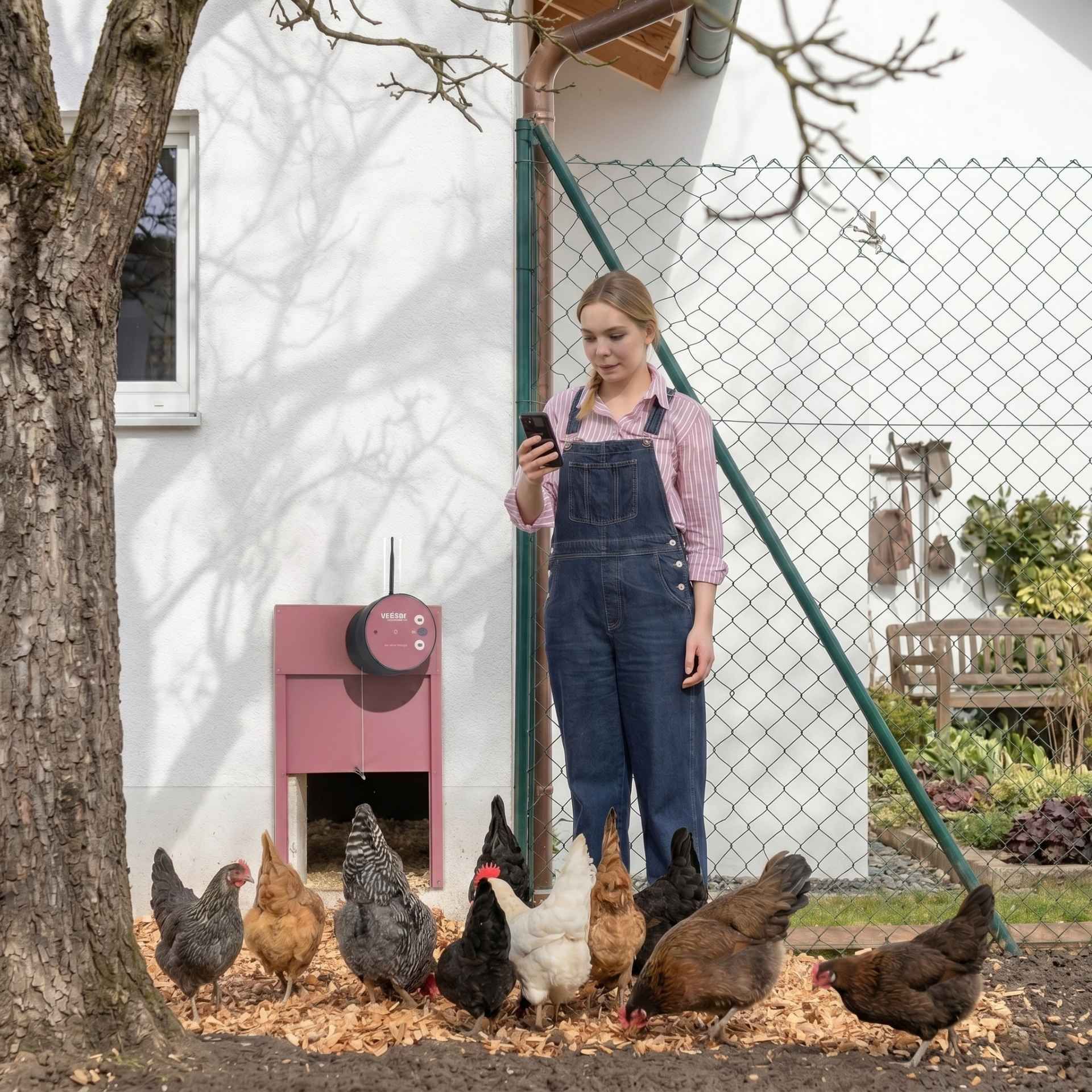 casual overalls, denim overalls, pink striped shirt, pet chickens, chicken coop