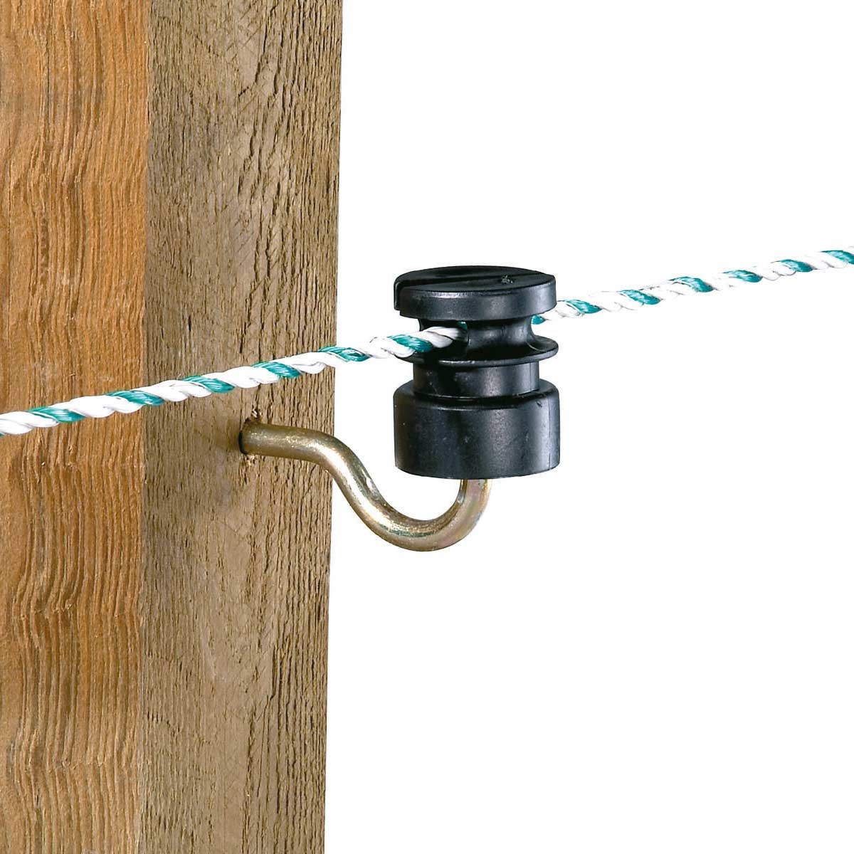 Kerbl Slidisolator med stöd 5,3 mm svart, 25 st, för litstängsel, i användning, isolator