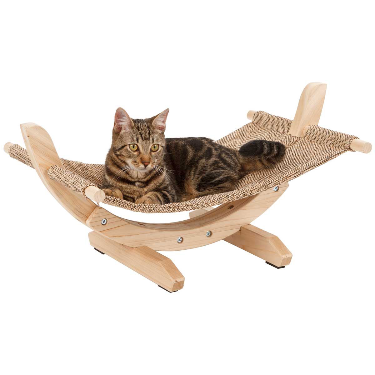Kerbl Cat Hammock SIESTA 2.0 with Wooden Frame, Brown, in use