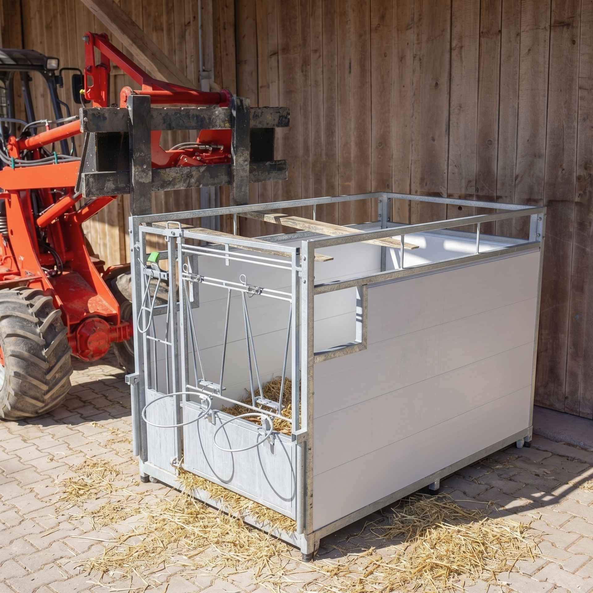 livestock pen, animal enclosure, metal frame, straw bedding, outdoor farm equipment, livestock pen, animal enclosure, metal frame, straw bedding, farm equipment