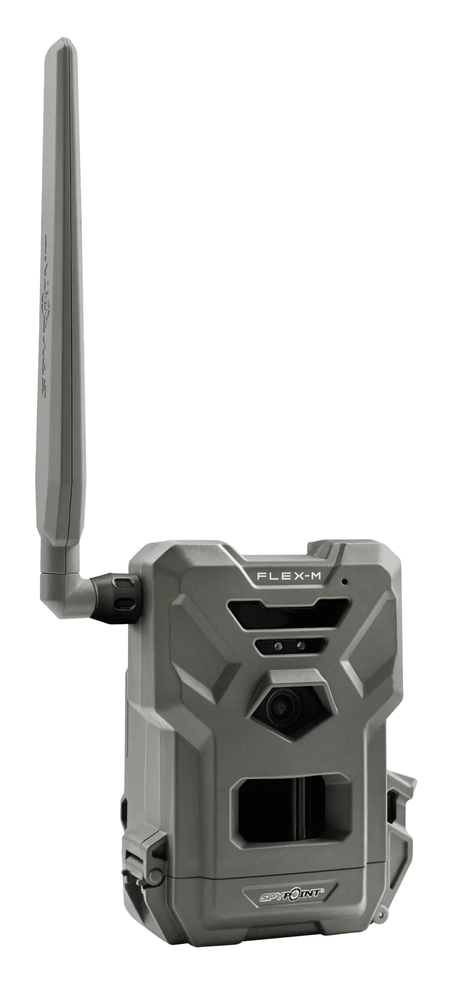 Wildkamera in graugruen mit ausklappbarer Antenne und Objektiv, Aufschrift Flex-M und Spypoint