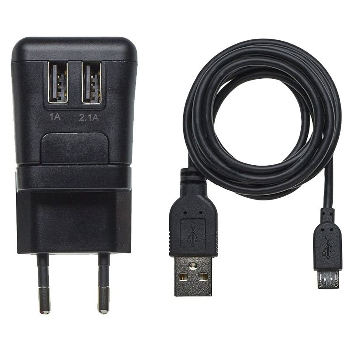 Black USB charger with two ports and charging cable