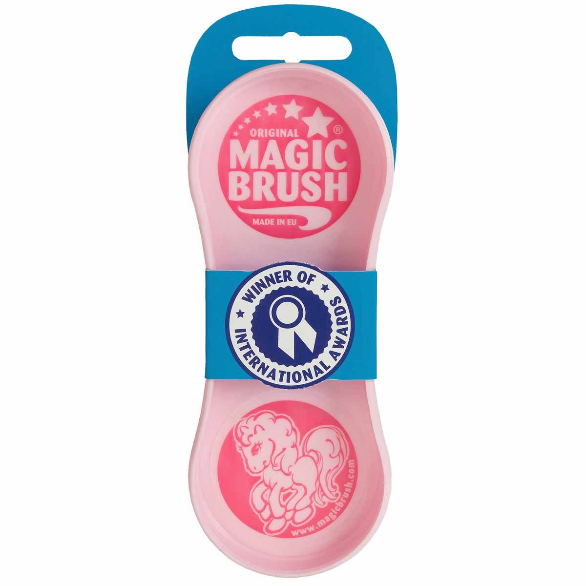 MagicBrush Pink Pony hästborste, rosa tryck, masserande borst, tvättbar, etikett